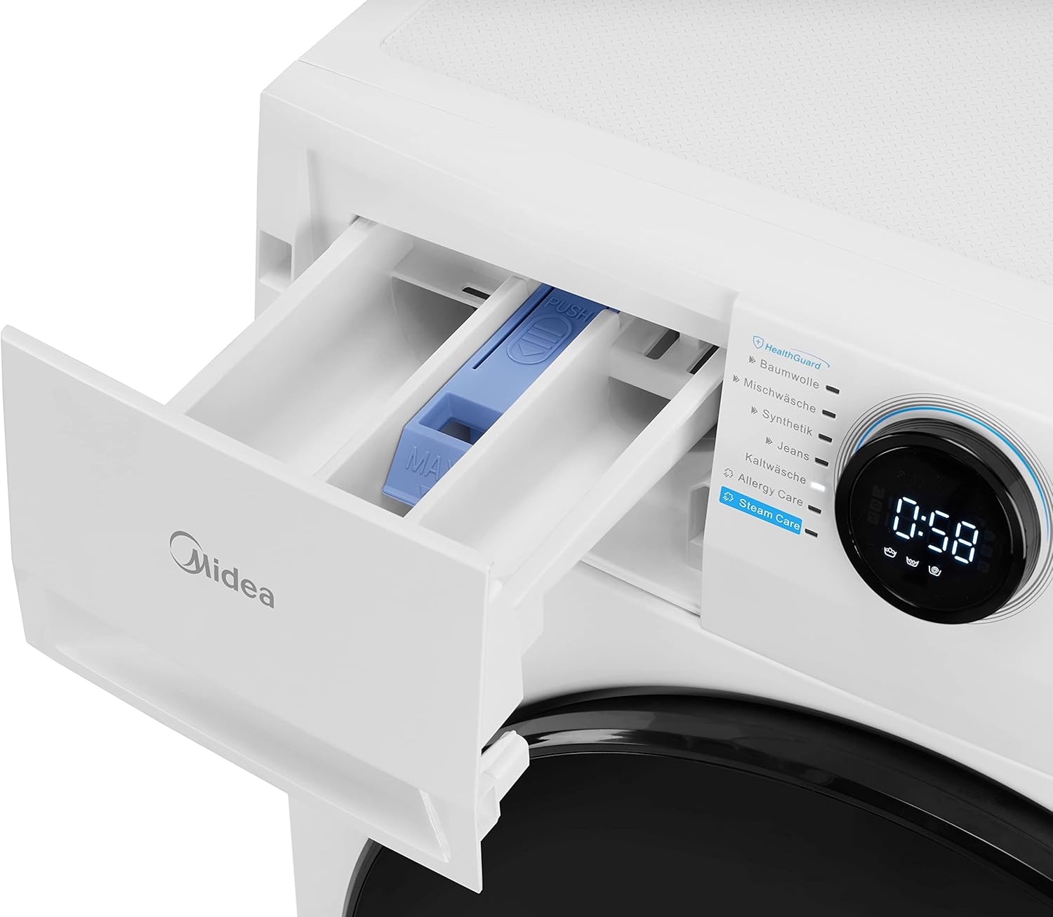 Midea MF200W90WB-14A Waschmaschine / 9KG / A/Leiser & effizienter Inverter Motor/HealthGuard-System/Steam Care/Nachlegefunktion/APP-Steuerung/AquaStop, Weiß