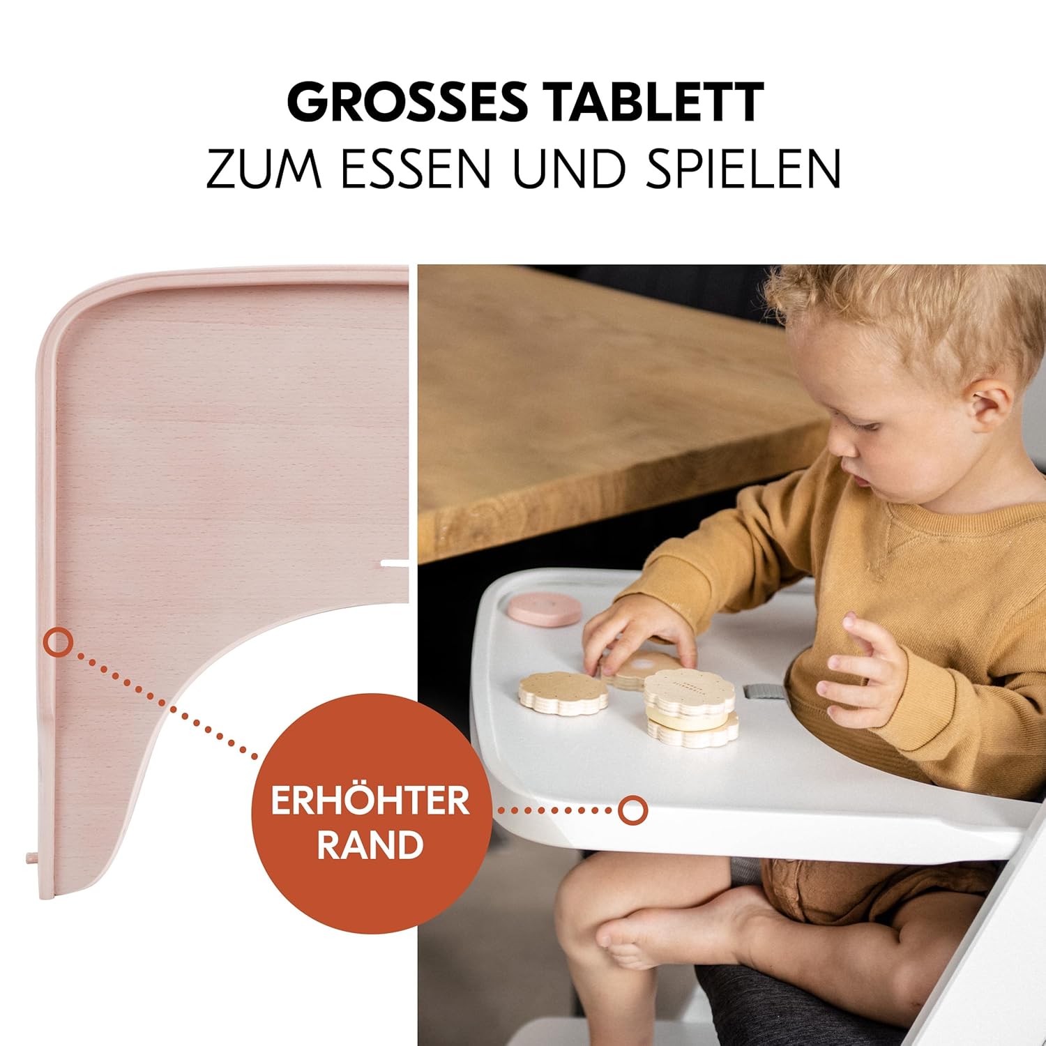 hauck Hochstuhl Beta+ Newborn Set Eco Bouncer - mitwachsender Holz Babyhochstuhl ab Geburt, inkl. Neugeborenenaufsatz, Sitzpolster und Essbrett - Dark Grey