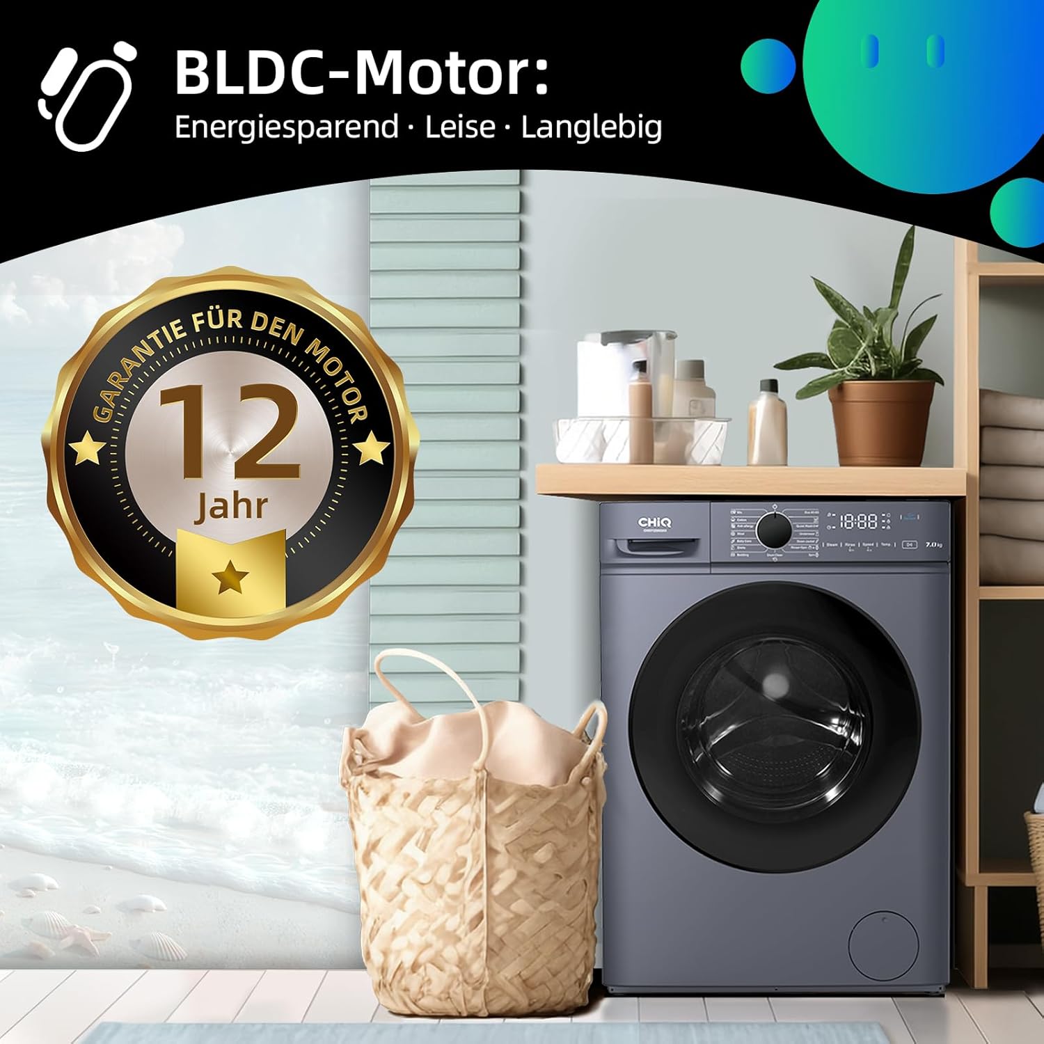 CHiQ Waschmaschine 7kg, 15 Programme, InverterMotor, Eco-Logic, Speed Wash, 60x46,5x84cm, Auto Clean, Washer Grau, CW07123863AX