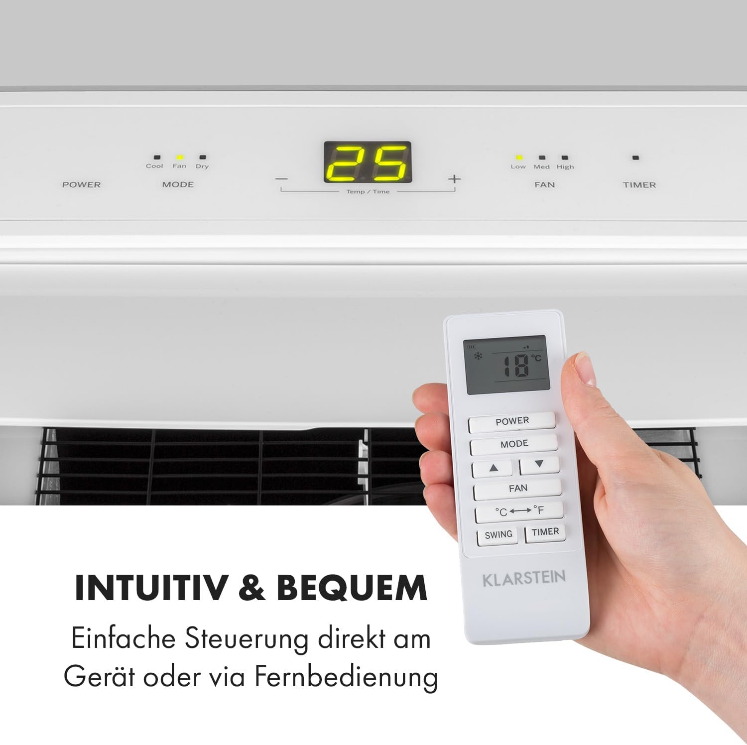 Klarstein Mobile Klimaanlage mit Abluftschlauch, 3-in-1 Klimagerät mit Ventilator, Luftentfeuchter & Nachtmodus, Kleine & Portable Klimaanlage für Wohnung & Büro, 12000 BTU Niedrig Verbrauch