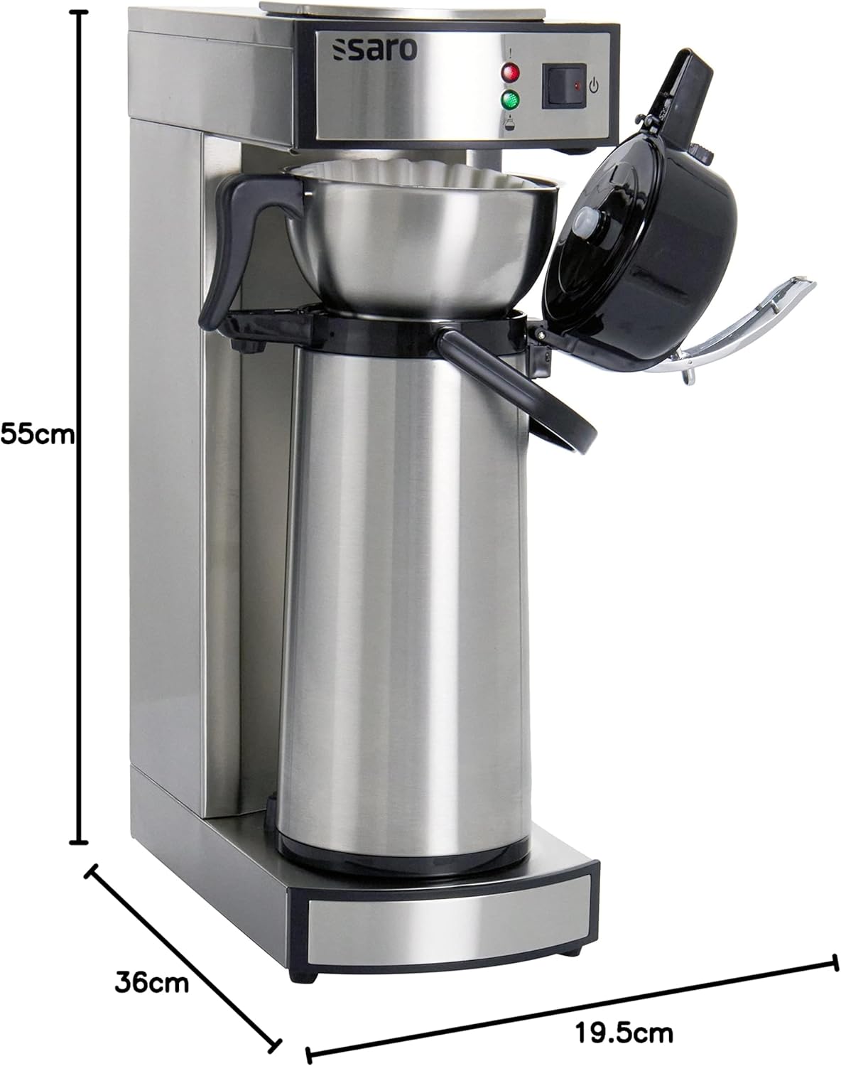 Saro Thermo Kaffeemaschine mit Korbfilter und Thermoskanne Industriekaffeemaschine mit Pumpkanne (2,2 Liter, ca. 10 Tassen Kaffee, Brüh- & Warmhaltefunktion), silber