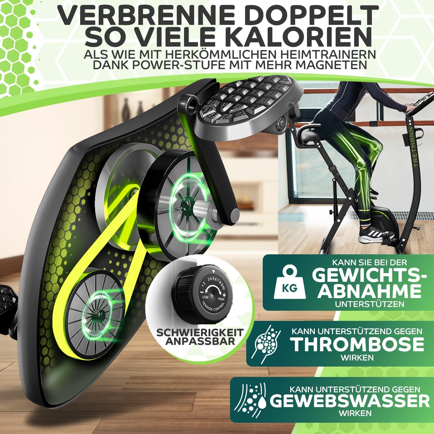 Tretmann NEU 3in1 Heimtrainer Fahrrad klappbar -extra leise & komfortabel - [SoftFoam] DEKRA geprüft - mit tiefem Einstieg Hometrainer Fahrrad Ergometer heimtrainer klappbar zuhause fitnessbikes