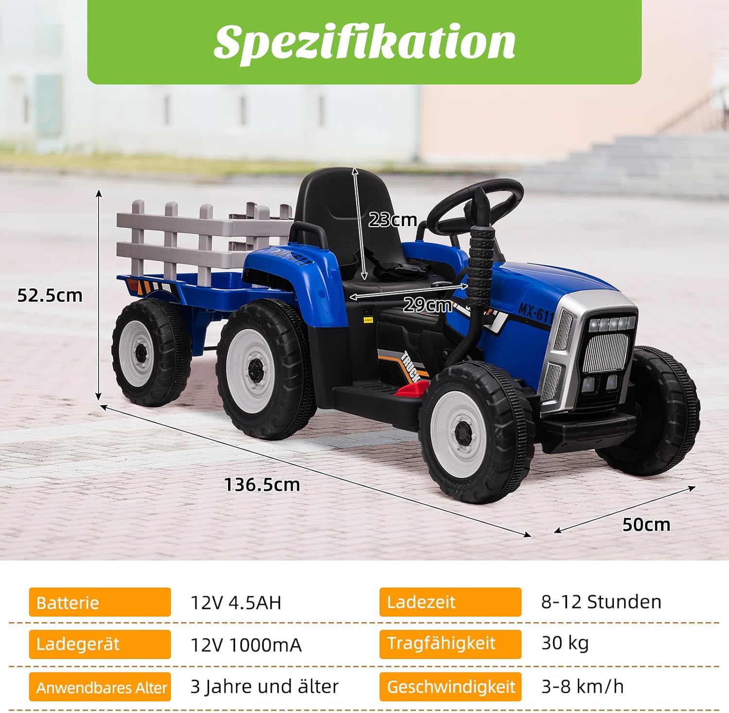 HAUSPROFI 12V 3-Gang Kinder Elektroauto mit Anhänger, Elektro Traktor 2 Fahrmodi, 2,4G-Fernbedienung, Kinder Traktor LED-Licht, Bluetooth, Musik, USB, Elektrischer Traktor für kinder ab 3 Jahren, Grün