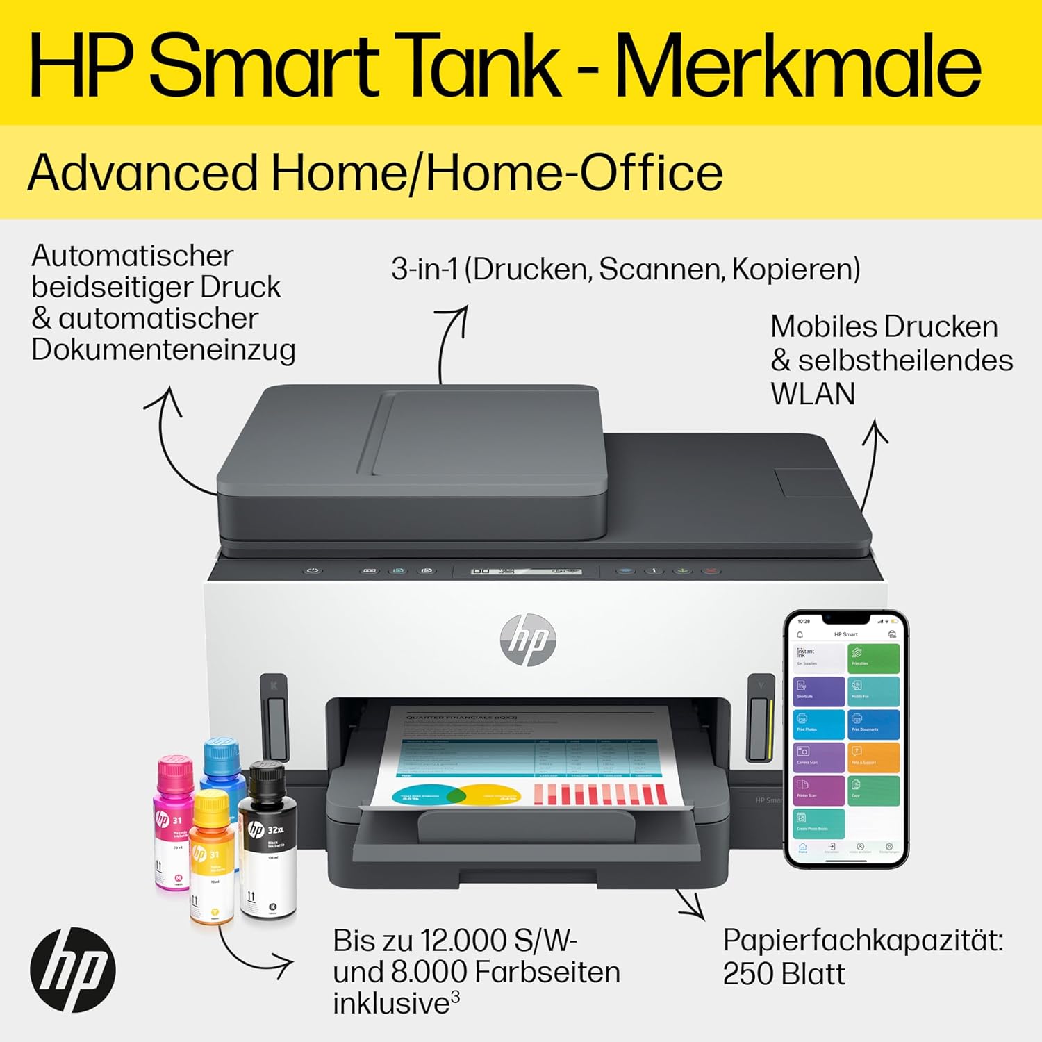 HP Smart Tank 7605 4-in-1 Multifunktionsdrucker (WLAN; Duplex; ADF) – 3 Jahre Tinte inklusive, 3 Jahre Garantie, großer Tintentank, hohe Reichweite, Drucken in hoher Qualität