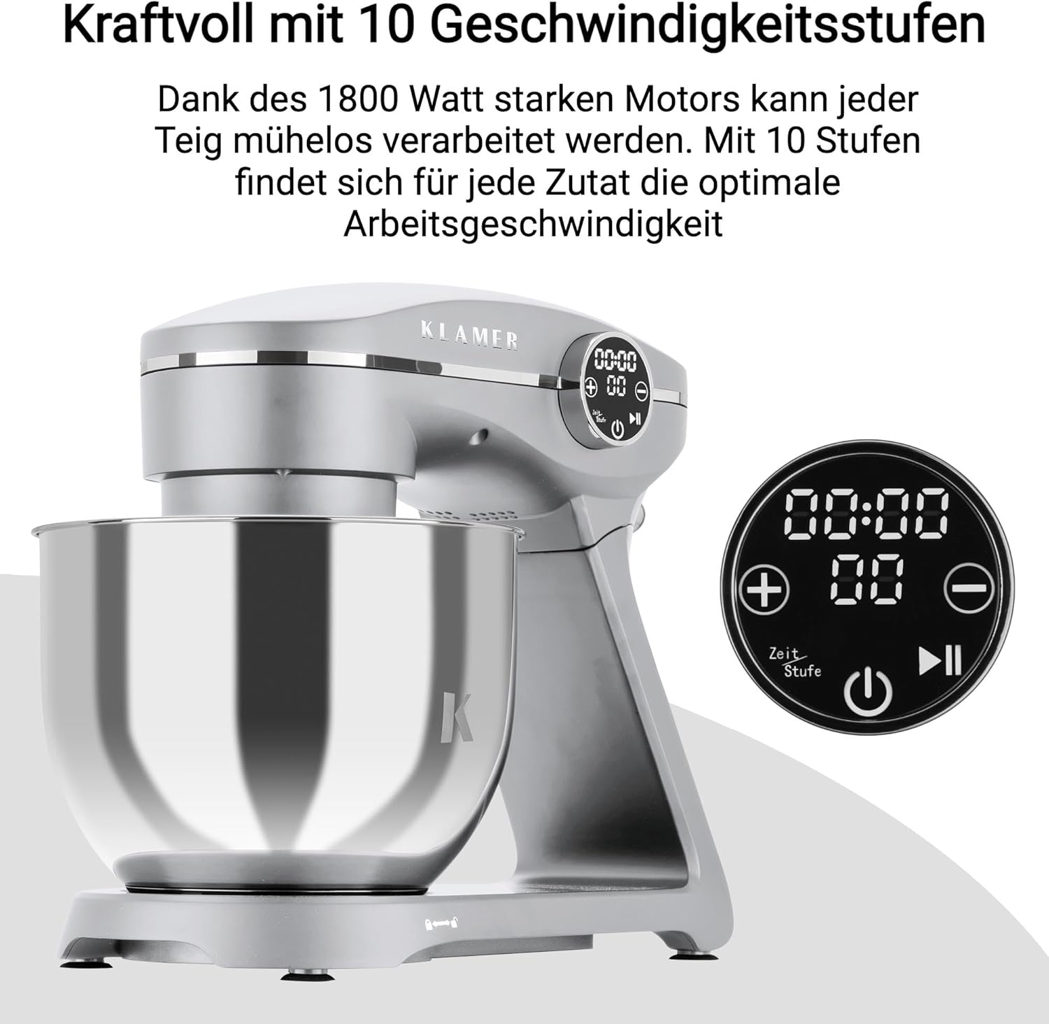 KLAMER Küchenmaschine 1800W, Knetmaschine mit 6 Liter Edelstahl Schüssel, 10 Geschwindigkeitsstufen mit Timer, Rührbesen, Knethaken, Schneebesen und Spritzschutz