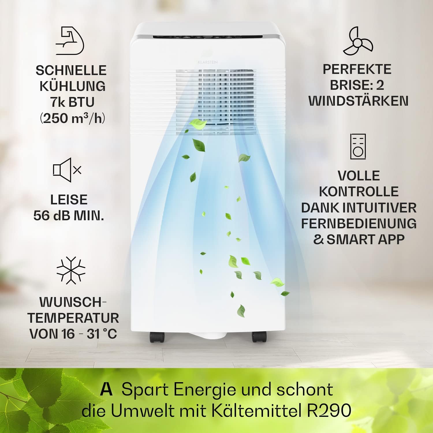 Klarstein Mobile Klimaanlage mit Abluftschlauch, 3-in-1 Klimagerät mit Ventilator, Luftentfeuchter & Nachtmodus, Kleine & Portable Klimaanlage für Wohnung & Büro, 12000 BTU Niedrig Verbrauch
