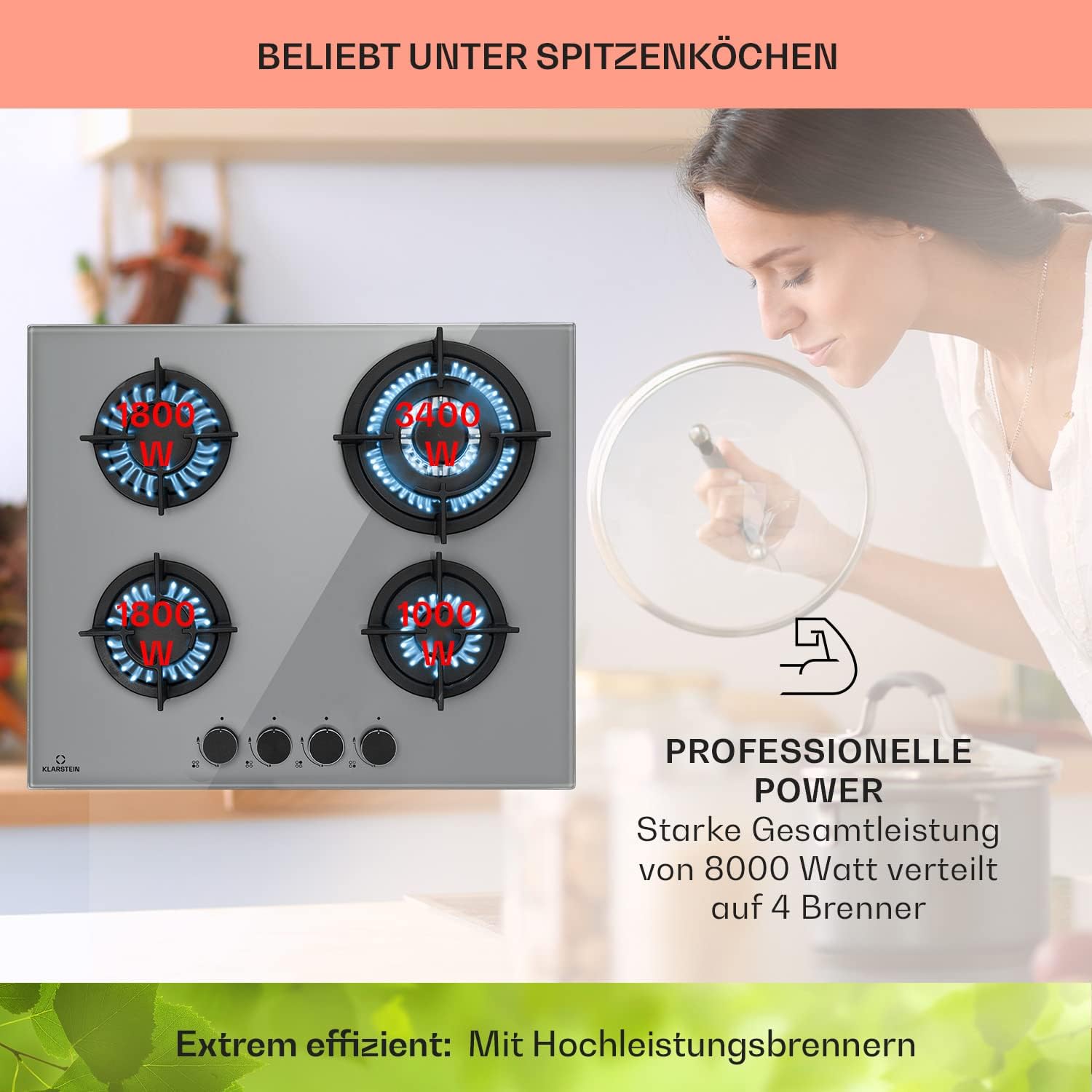 Klarstein Gasherd, Einbau-Gasherd für Propan Gasflasche, Gaskochfeld 4 Flammig, Gasherd für Küche, Camping & Wohnmobil, 8000 W Kochplatte, LPG Gaskocher, Herdplatte für Propangas, Edelstahl Gas-Herd