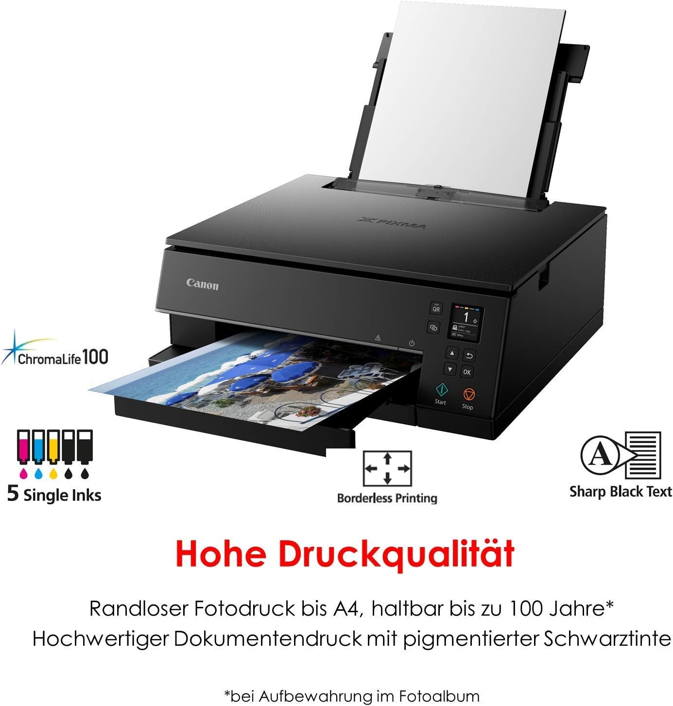 Canon PIXMA TS6350a Drucker Farbtintenstrahl Multifunktionsgerät DIN A4 (Fotodrucker, Scanner, Kopierer, OLED, 4.800x1.200 dpi, USB, WLAN, 5 separate Tinten, Duplexdruck, 2 Papierzuführungen), schwarz