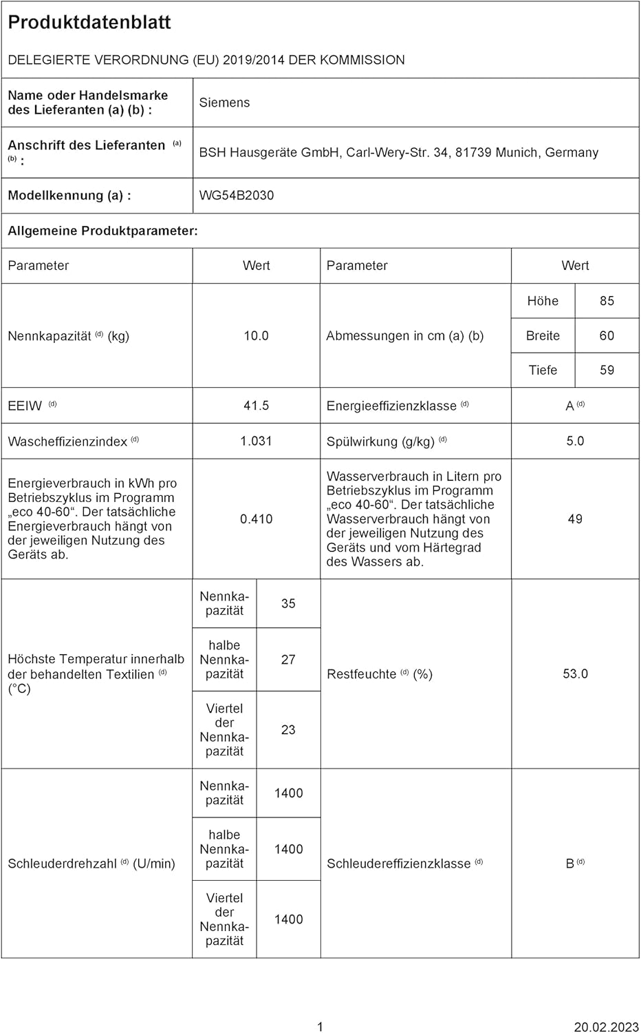 Siemens WG54B2030 Waschmaschine iQ700, Frontlader mit 10kg Fassungsvermögen, 1400 UpM, speedPack XL, Antiflecken-System, Home Connect, Weiß, 60cm