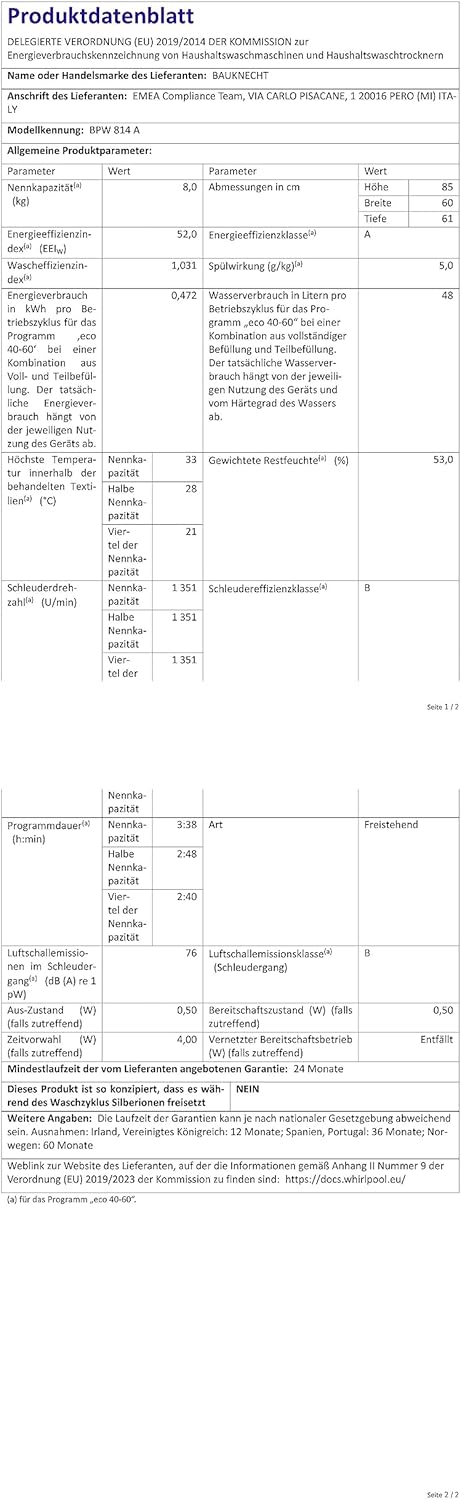 Bauknecht WM BB 814 A Waschmaschine Frontlader / 8kg / EEK A/Kurz 30 / Kurz 45 / Kraftvolle Fleckenentfernung/Anti-Allergie-Programm/Wolleprogramm/Schwarz/Langlebiger Inverter-Motor