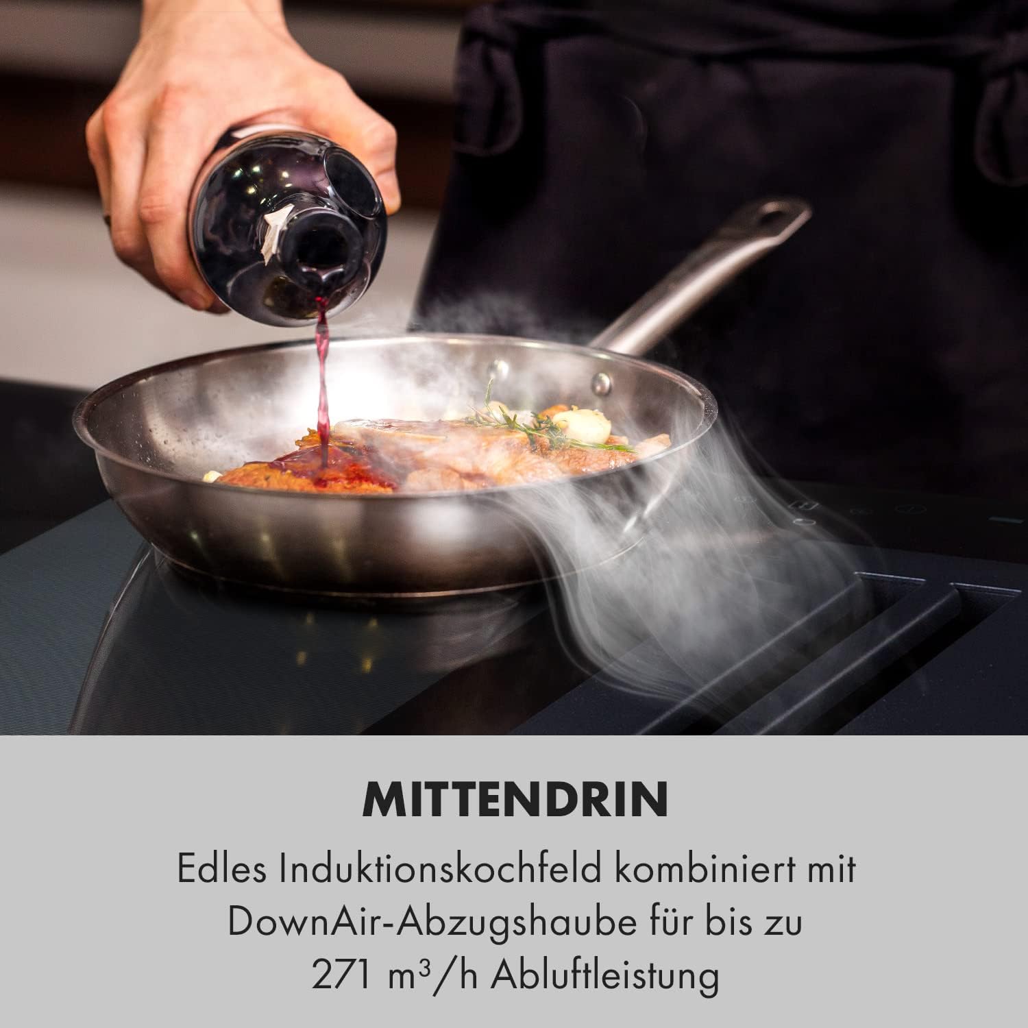 Klarstein 2-in-1 Induktionskochfeld mit Dunstabzug, Induktionskochfeld mit Abluft & Ventilator, 4-Zonen-Kochfeld, Glaskeramik-Einbauherd, Kochfeld mit Dunstabzug, Energieklasse A, 654m³/h Luftstrom
