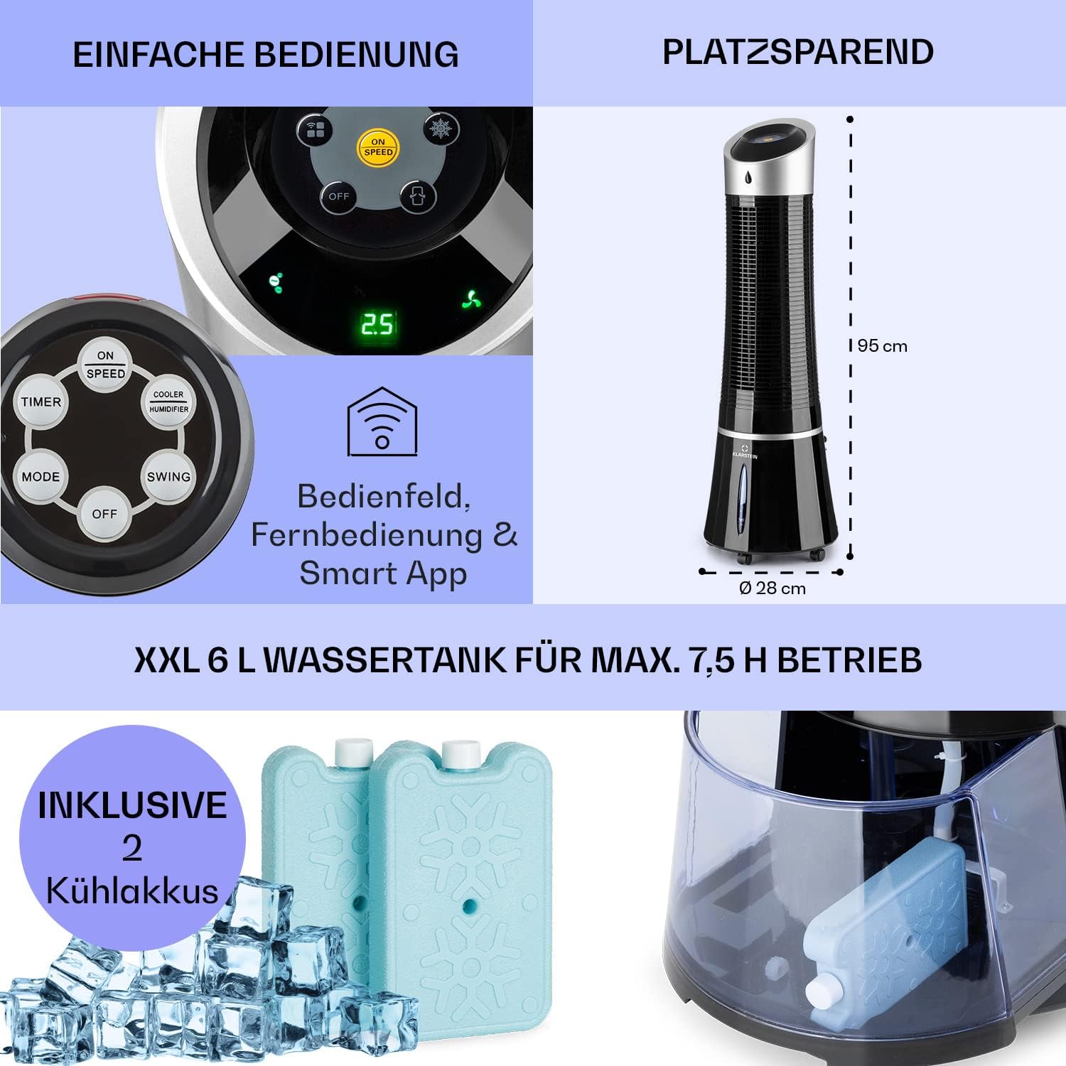 Klarstein 4-in-1: Smart Luftkühler, Ventilator, Luftbefeuchter & Ionisation I 6 L Wassertank, Oszillation, 30 W, 210 m³/h, Timer I Klimagerät ohne Abluftschlauch, Mobiles Klimagerät, Schwarz-Rosegold