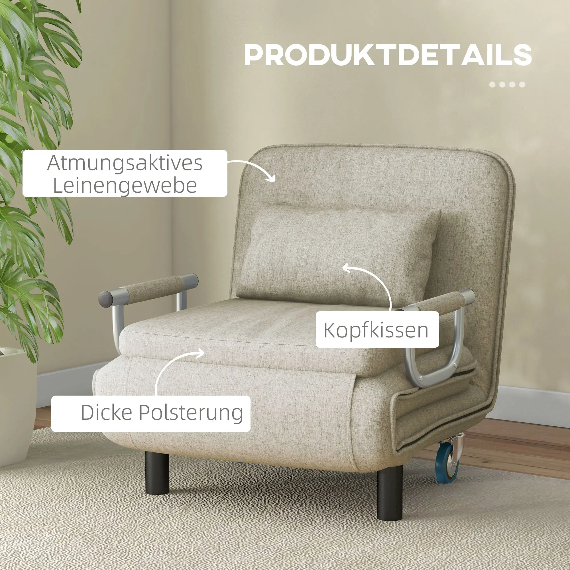 HOMCOM Schlafsessel mit Bettfunktion 3-fach verstellbar mit Rollen