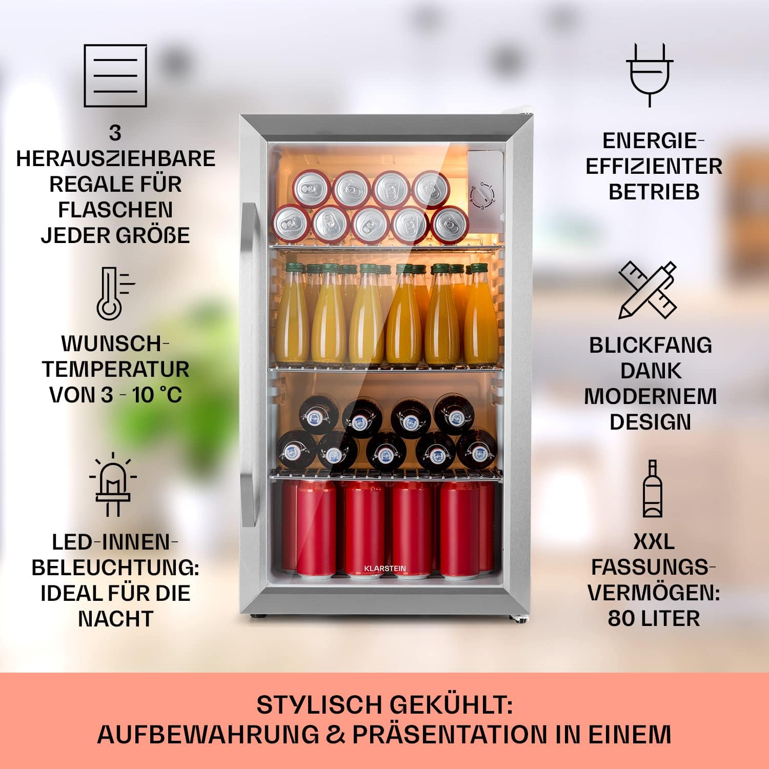 Klarstein Mini Kühlschrank mit Glastür für Zimmer, Getrnkekühlschrank mit Verstellbaren Ablagen, Kleiner 80 Liter, Indoor/Outdoor Kühlschrank Leise