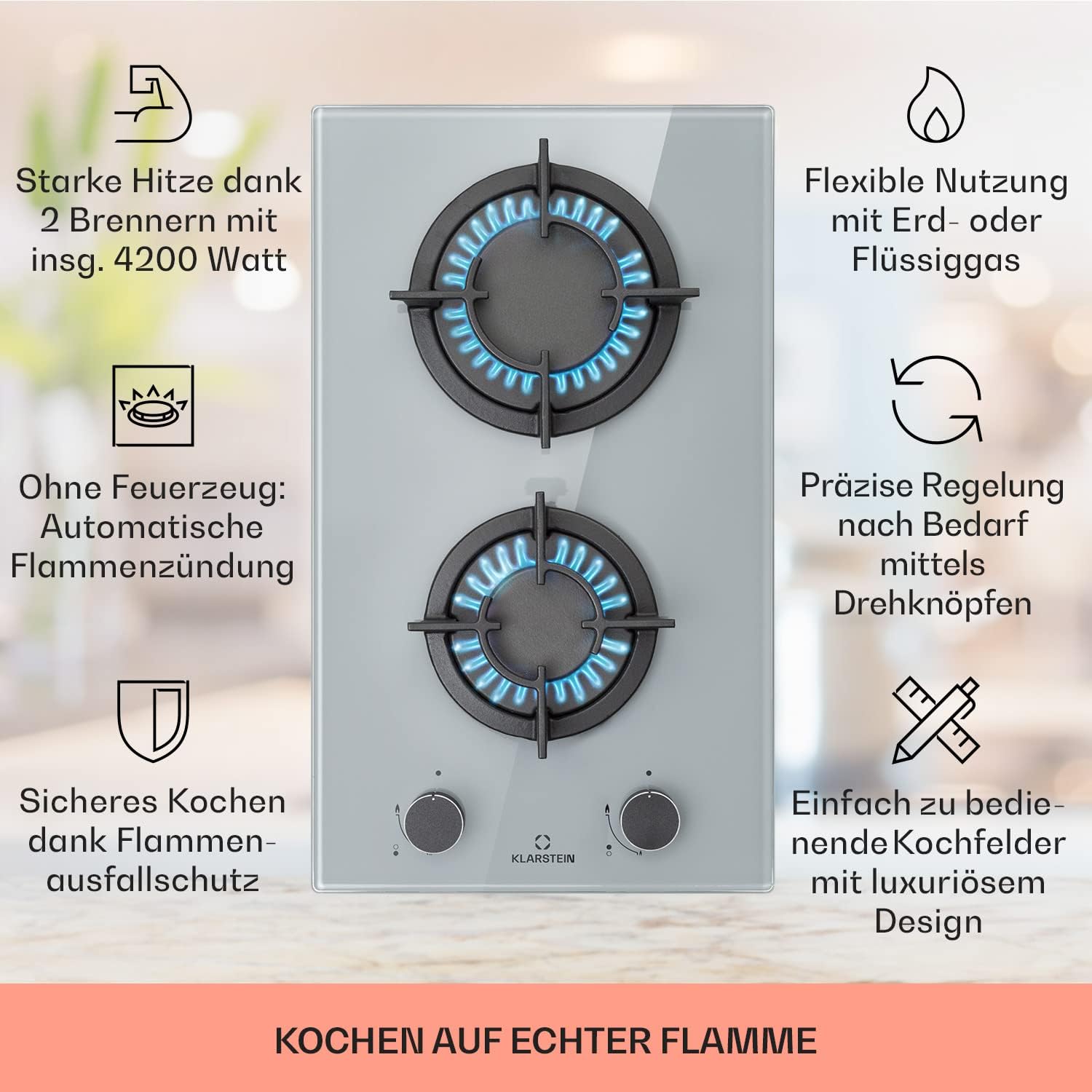 Klarstein Gasherd, Einbau-Gasherd für Propan Gasflasche, Gaskochfeld 4 Flammig, Gasherd für Küche, Camping & Wohnmobil, 8000 W Kochplatte, LPG Gaskocher, Herdplatte für Propangas, Edelstahl Gas-Herd