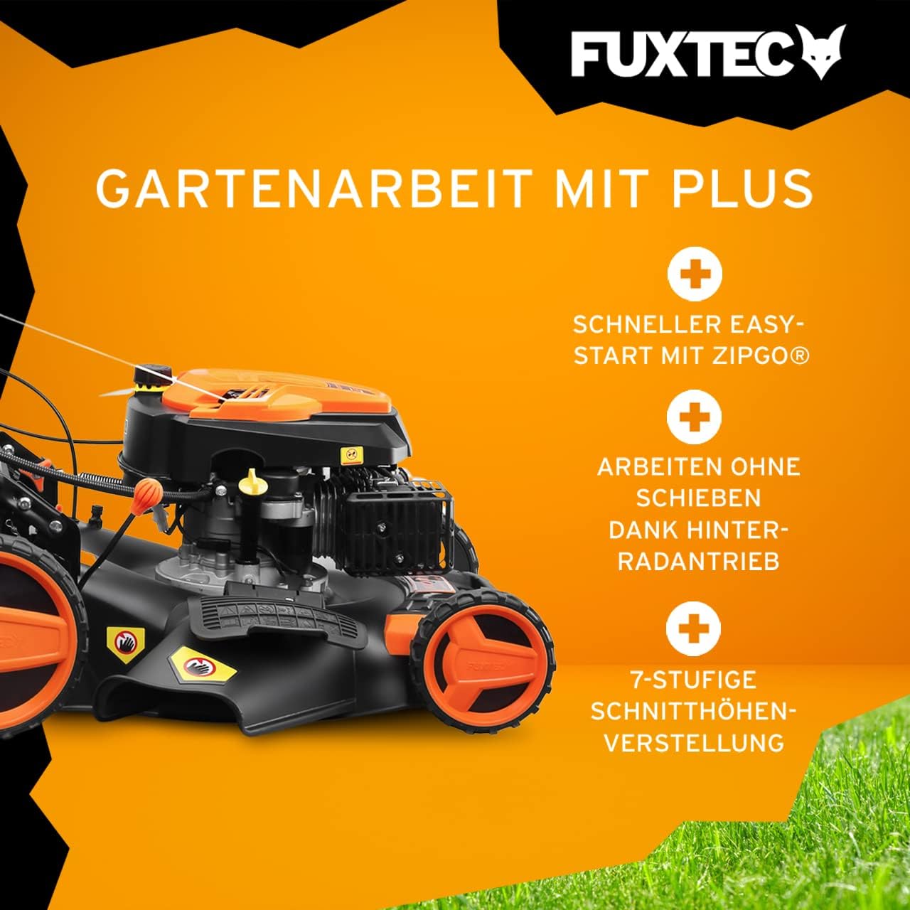 FUXTEC 4in1 Benzin Rasenmäher FX-RM5196eSPRO mit E-Start und regulierbarem Selbstantrieb, Gartenmäher inkl. Frontstoßstange, 51 cm Schnittbreite, kugelgelagerte Big Wheel Räder, 60L Grasfangkorb