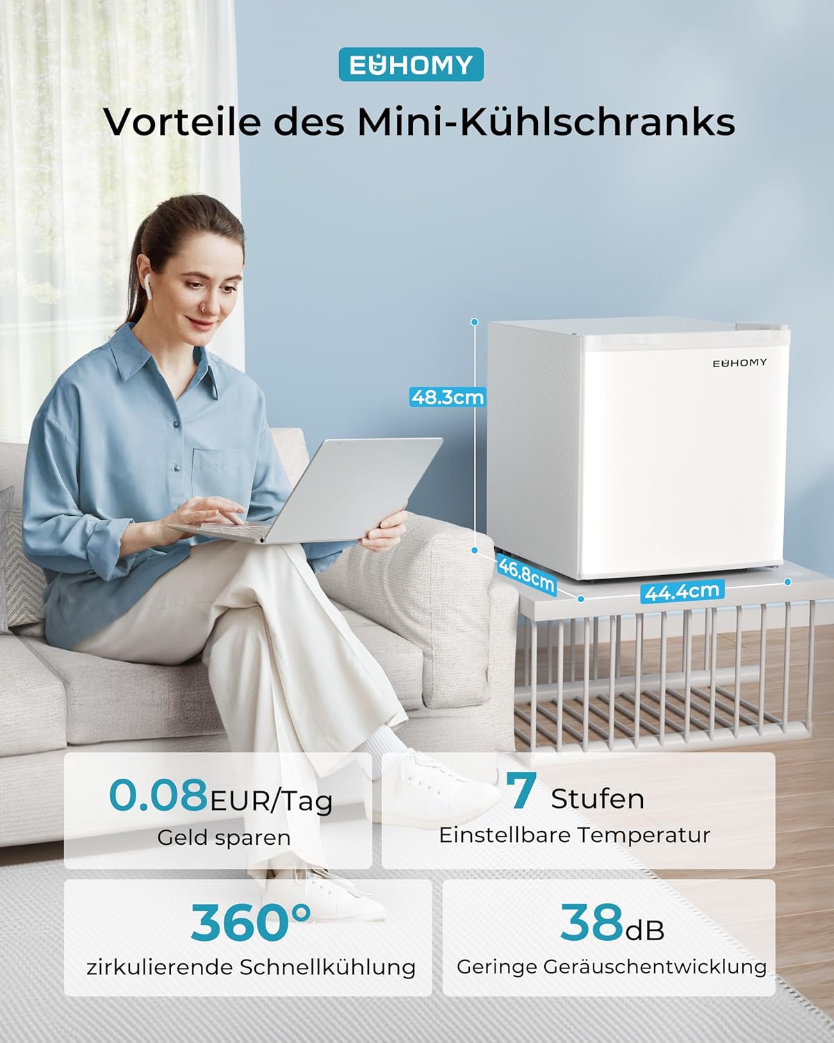 EUHOMY 46L Mini-Kühlschrank mit Umkehrbarer Tür, 7-Stufen Thermostat + Kühlbox, 39dB Ultra-Leise Kühlschrank klein für Schlafzimmer/Büro, Energieeffizient, Kompakt (Schwarz)