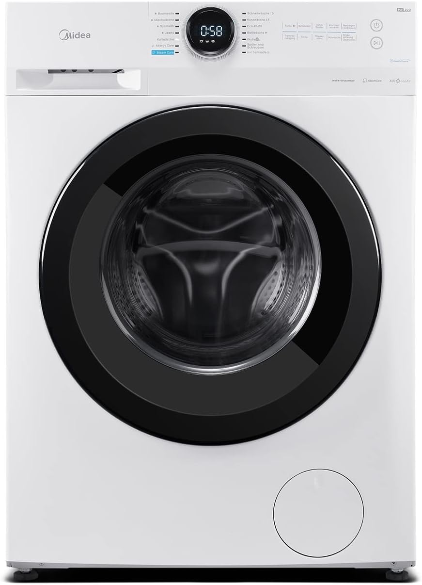 Midea MF200W90WB-14A Waschmaschine / 9KG / A/Leiser & effizienter Inverter Motor/HealthGuard-System/Steam Care/Nachlegefunktion/APP-Steuerung/AquaStop, Weiß