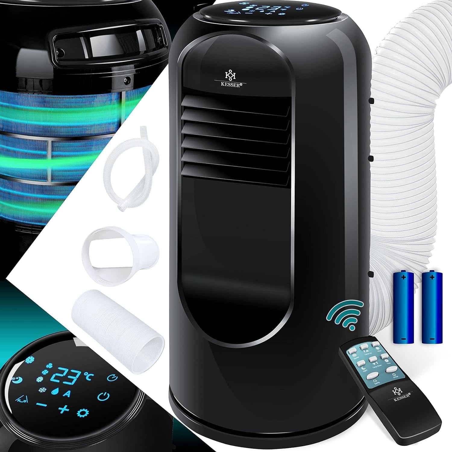 KESSER® Klimaanlage Mobil Klimagerät Sky Tower 4in1 kühlen, Luftentfeuchter, lüften, Ventilator - 9000 BTU/h (2.600 Watt) 2,7KW - Klima, Fernbedienung und Timer, Nachtmodus (EEK: D), Schwarz