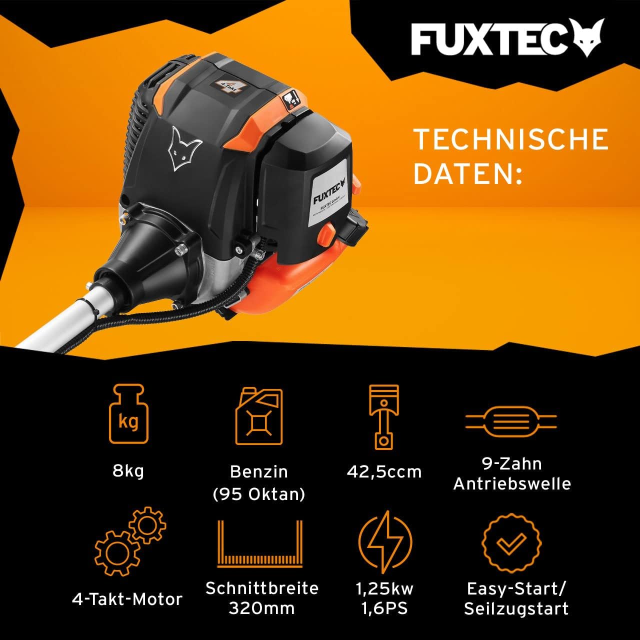 FUXTEC Benzin Motorsense FX-4MS142, Rasentrimmer mit 4-Taktmotor, 320 mm Schnittkreis, Geschwindigkeitsregler und Easy-Starter, inkl. Fadenspule/Profi-Tragegurt