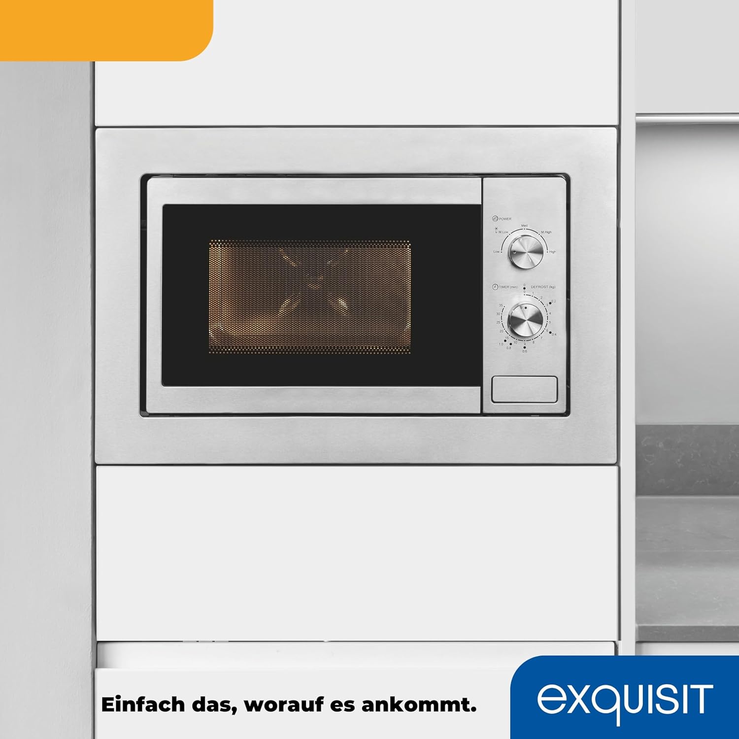 Exquisit Einbaumikrowelle EMW10-020 inox | 800 W Leistung | Kinderleichte Bedienung | Einfacher Einbau | Timer | Drehteller 27cm | Mikrowelle 60 cm | Einbaugerät | Edelstahl