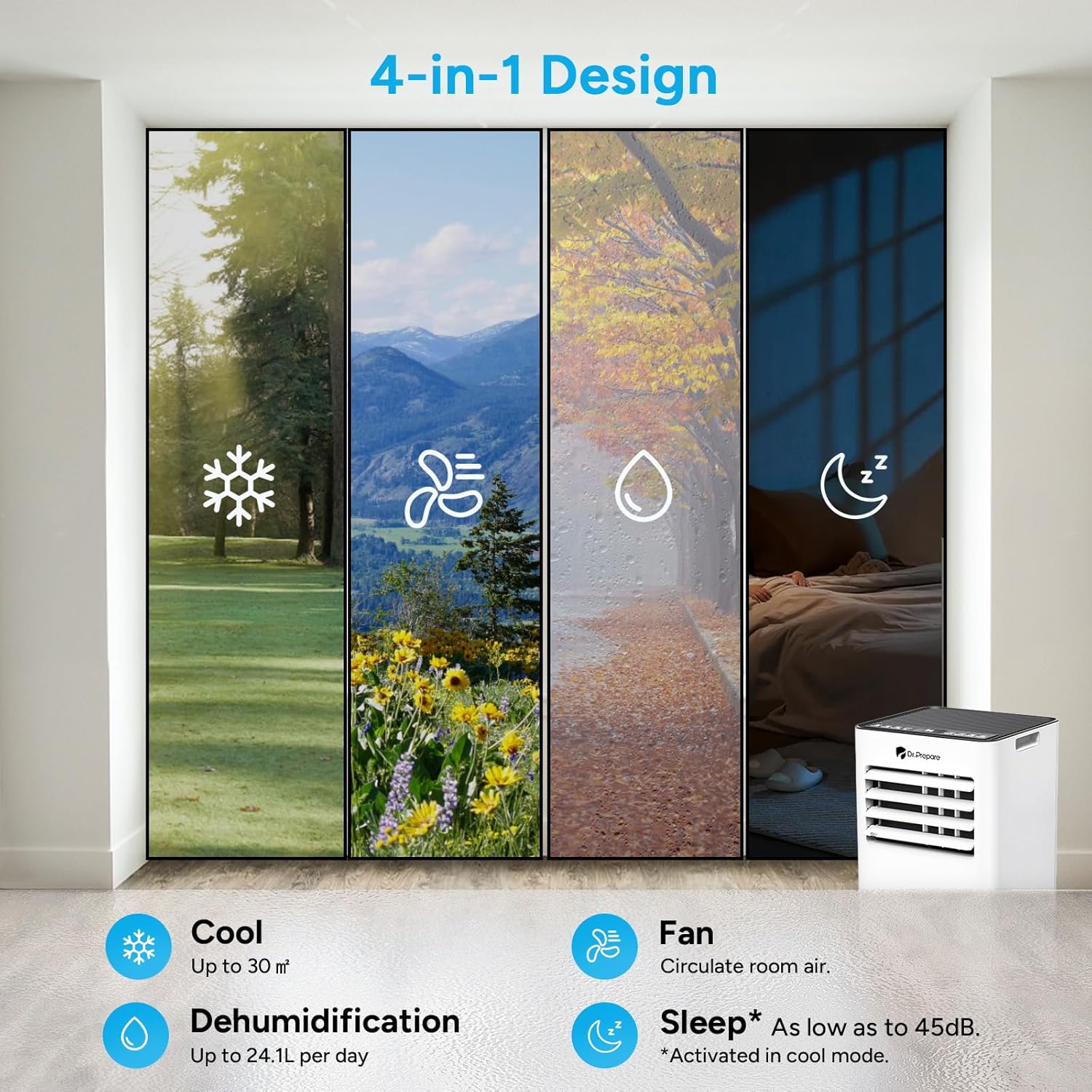 DR.PREPARE Mobiles Klimagerät 9000 BTU mit APP, 4 in 1 Mobile Klimaanlage mit Abluftschlauch, Kühlen&Ventilieren&Entfeuchten, Ventilator & Schlafmodus mit Fernbedienung, Kühlt bis zu 30m², 1-24H Timer