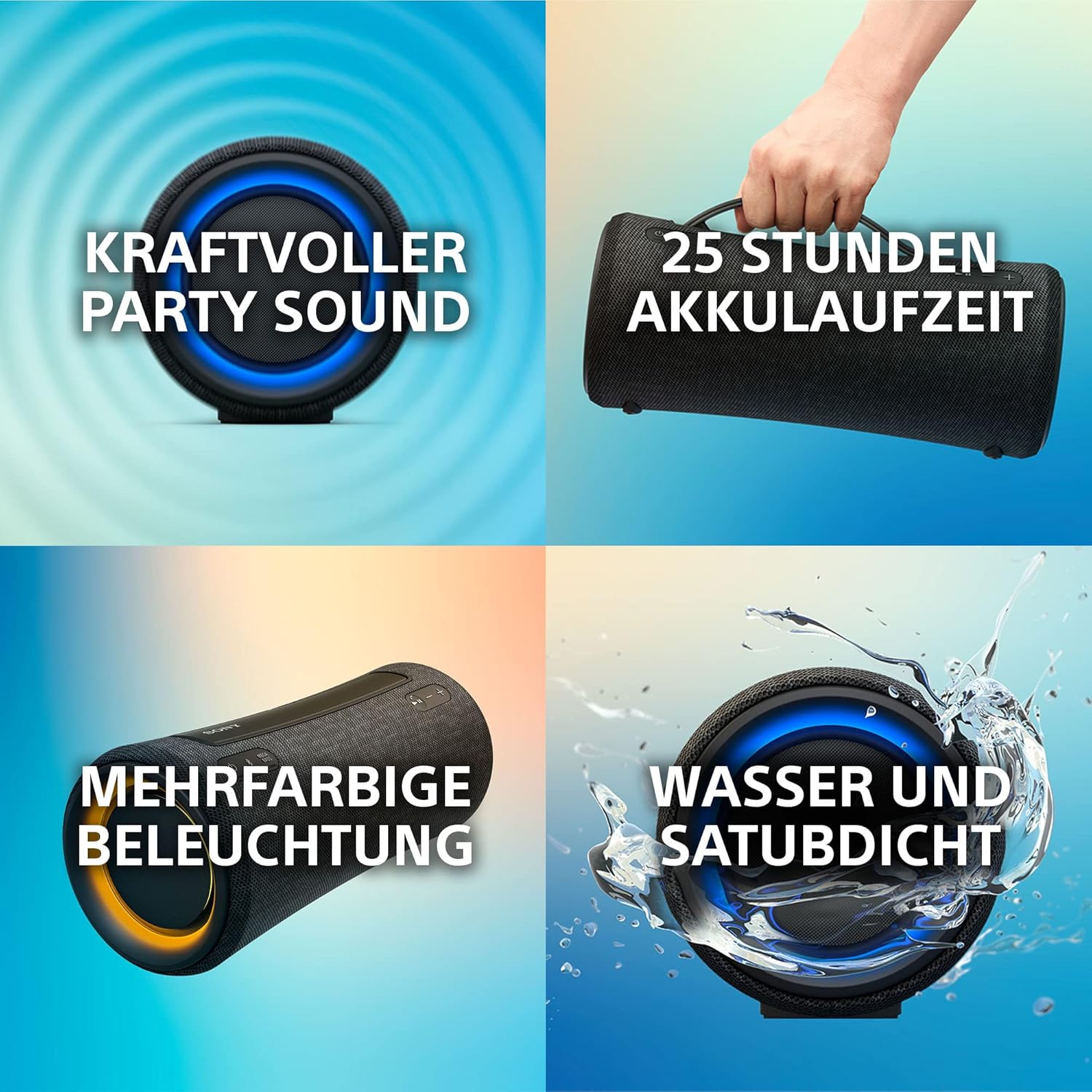 Sony SRS-XG300 - Tragbarer kabelloser Bluetooth-Lautsprecher mit starkem Partysound und Beleuchtung - wasserdicht, 25 Stunden Akkulaufzeit, Smartphone und Schnellladefunktion - Schwarz