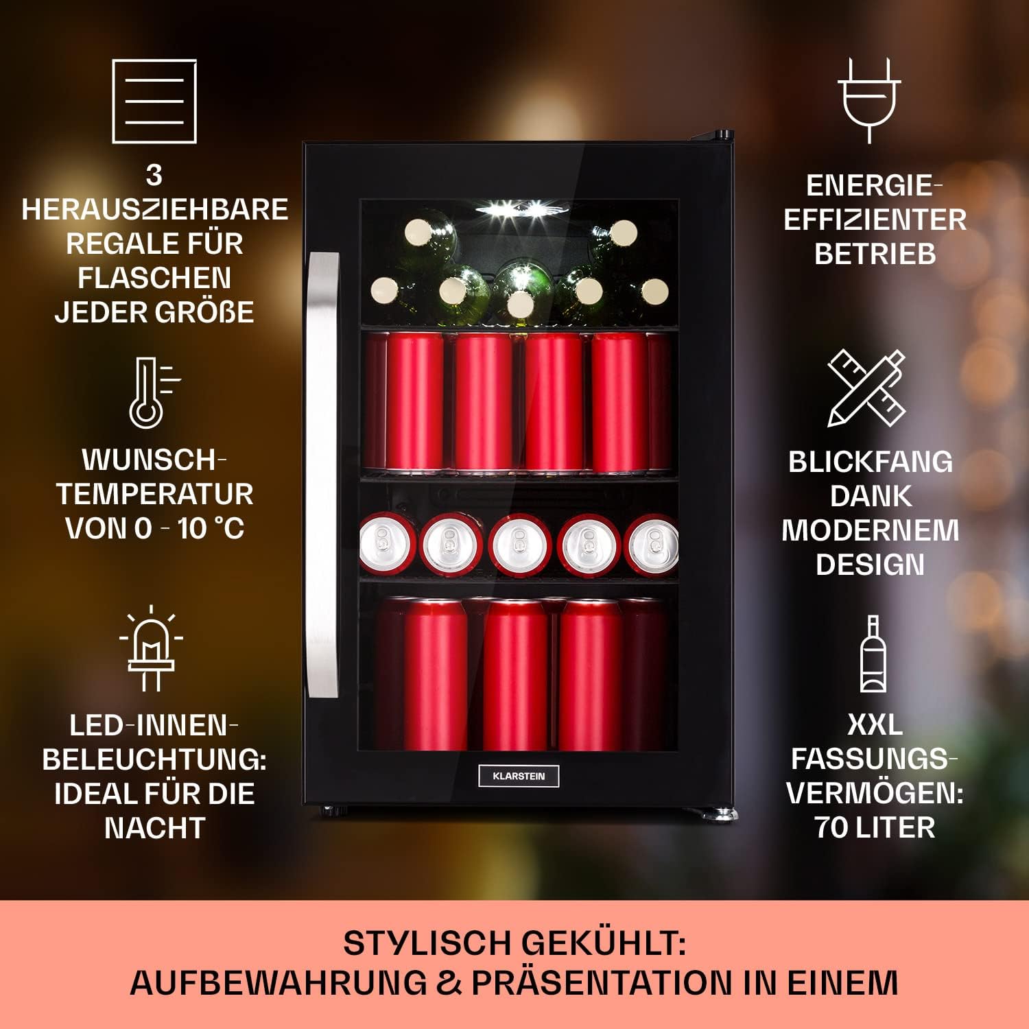 Klarstein Kühlschrank 70L, Kleiner Kühlschrank mit Herausnehmbaren Ablagen, Leiser Mini Kühlschrank mit Glastür & LED, Getränkekühlschrank Klein, Outdoor Geeignet, Biersafe für Flaschen, 0-10°C