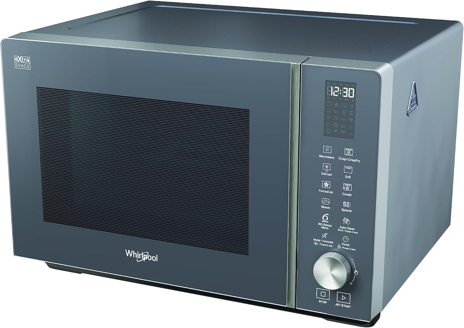 Whirlpool MWF 259 SG – Freistehende Mikrowelle – Abmessungen 46,8 cm x 49 cm x 32,5 cm. Mikrowelle 25 Liter mit Leistung 800 W Mikrowelle und 1300 W Grill, Grau Schatten, Mikrowelle ohne Teller.