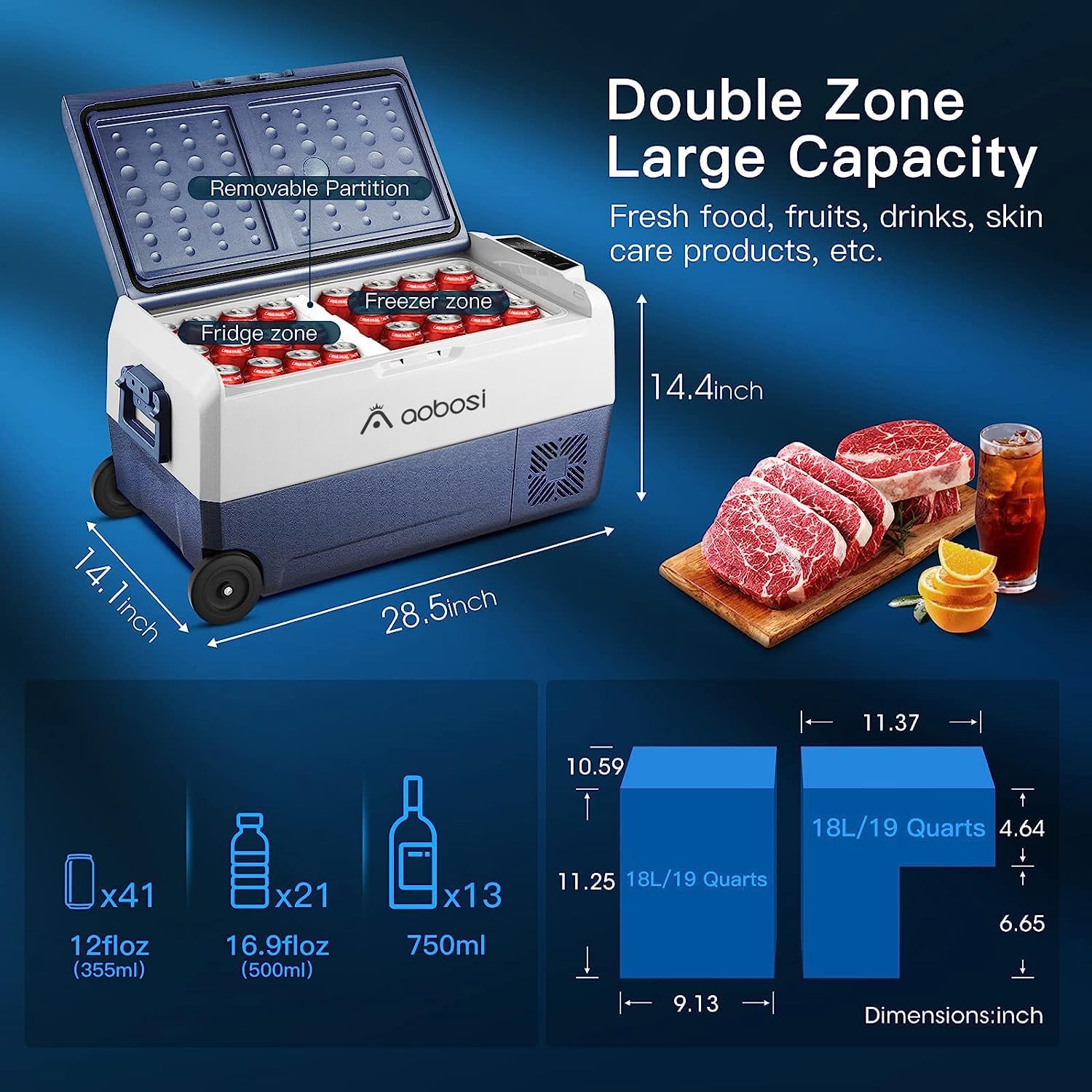 AAOBOSI Compressor Cool Box 36 L, Cool Box Car with WiFi App Control, 12/24 V and 100-240 V Electric Cool Box, up to -20 °C for Car, Truck, Boat, Motorhome, Camping, Double Zone