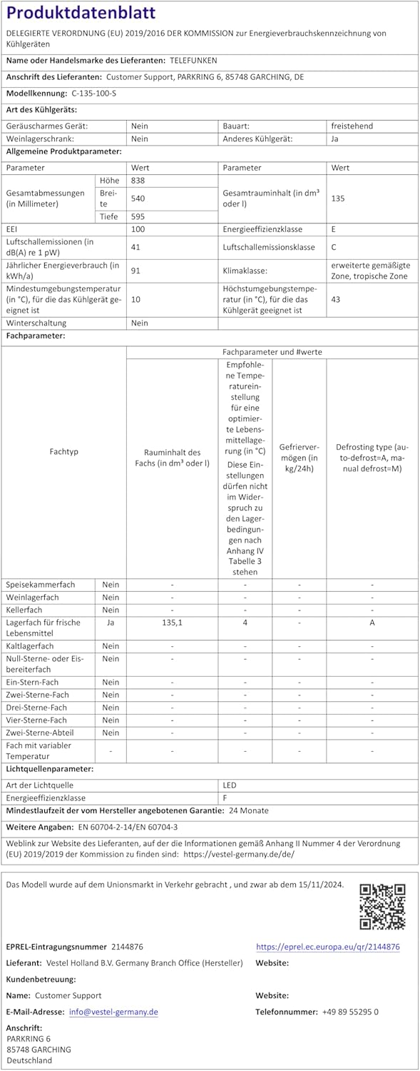 TELEFUNKEN Kühlschrank ohne Gefrierfach | Freistehend | 135 Liter Nutzinhalt | Kühlschrank klein mit Gemüsefach | LED-Beleuchtung | Türanschlag wechselbar | C-135-100-W weiß