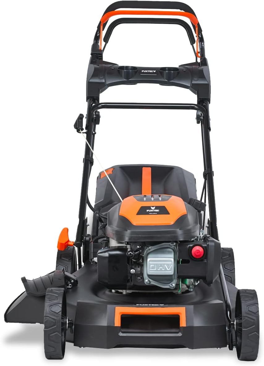 FUXTEC 4in1 Benzin Rasenmäher FX-RM5196eSPRO mit E-Start und regulierbarem Selbstantrieb, Gartenmäher inkl. Frontstoßstange, 51 cm Schnittbreite, kugelgelagerte Big Wheel Räder, 60L Grasfangkorb
