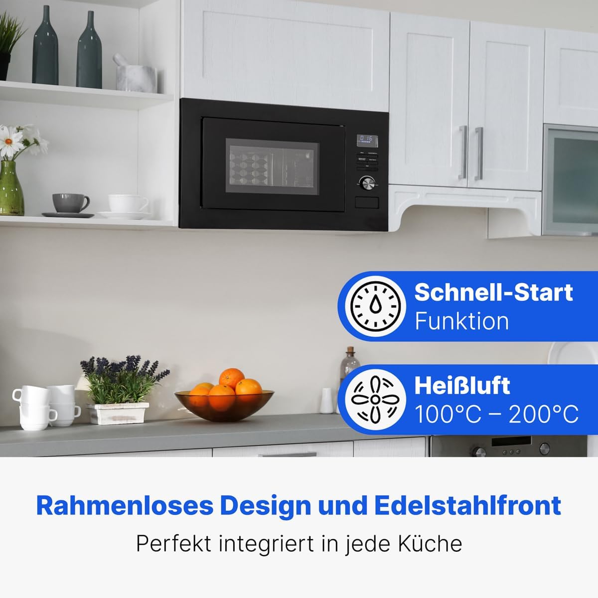 Bomann® 3in1 Einbau Mikrowelle mit Grill und Heißluft | Microwave mit 25L Garraum | 8 Automatikprogramme | Auftaufunktion | inkl. Grillrost und Drehteller (Ø 27 cm) | 900W | MWG 3001 H EB schwarz-matt