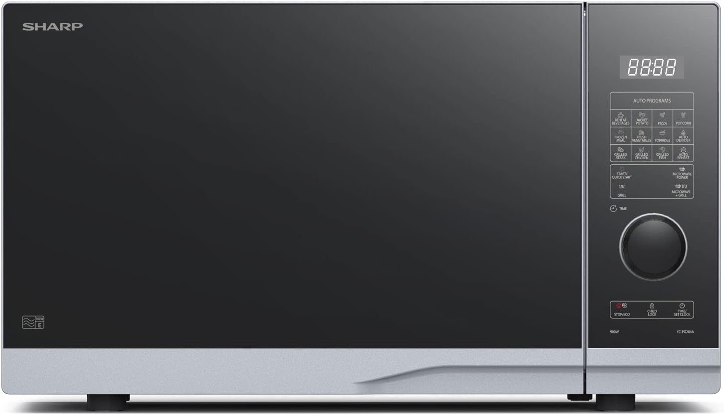 SHARP MG81ES Mikrowelle mit Grill (Mikrowelle: 900W, Grill: 1100W, 11 Leistungsstufen, Auftaufunktion, Abmessungen: 512x300x396cm, Emaille-Keramik-Garraum mit antibakteriellen Eigenschaften), silber