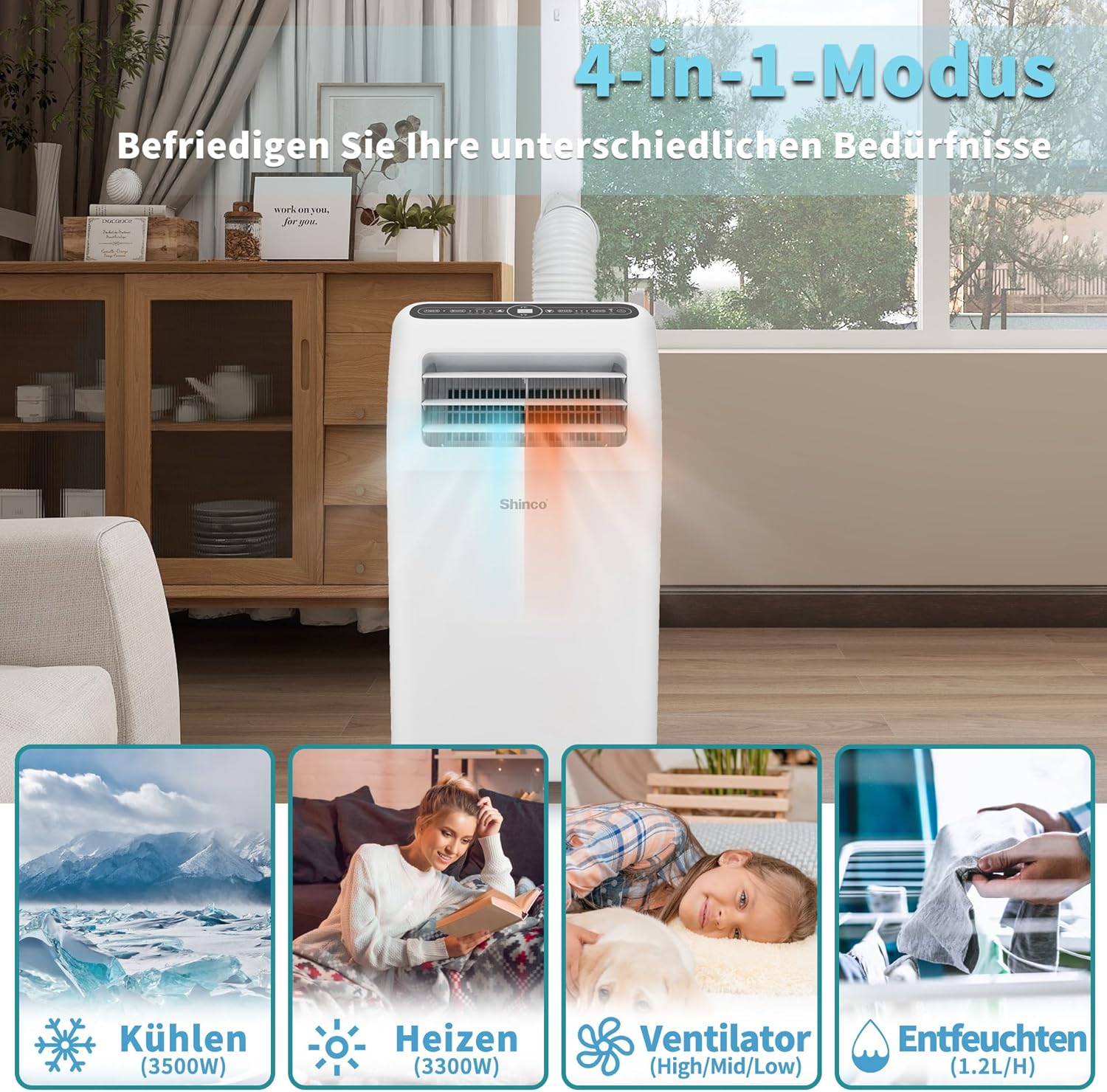 SHINCO Mobile Klimaanlage mit Abluftschlauch, 12000BTU, Kühlung&Heizung&Ventilieren&Entfeuchten, Mobiles Klimagert mit Fenstermontage-Kit, 24H-Timer, APP, für Rume von etwa 90m
