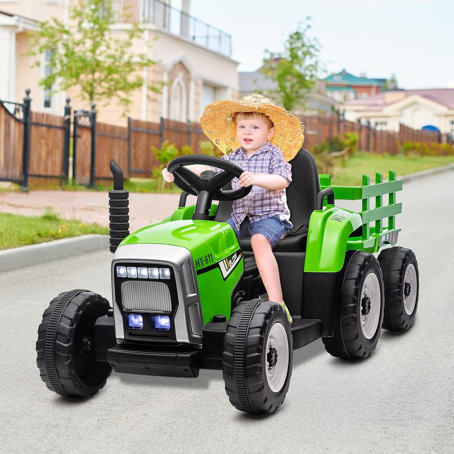 HAUSPROFI 12V 3-Gang Kinder Elektroauto mit Anhänger, Elektro Traktor 2 Fahrmodi, 2,4G-Fernbedienung, Kinder Traktor LED-Licht, Bluetooth, Musik, USB, Elektrischer Traktor für kinder ab 3 Jahren, Grün