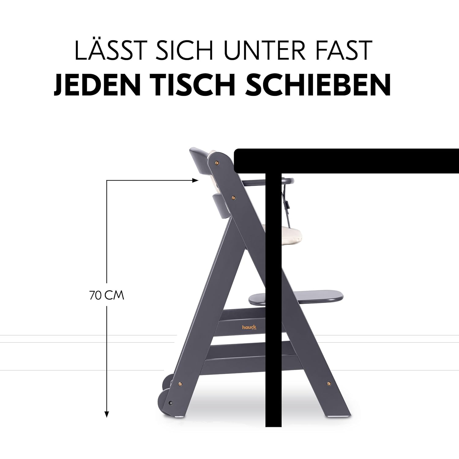 hauck Hochstuhl Beta+ Newborn Set Eco Bouncer - mitwachsender Holz Babyhochstuhl ab Geburt, inkl. Neugeborenenaufsatz, Sitzpolster und Essbrett - Dark Grey