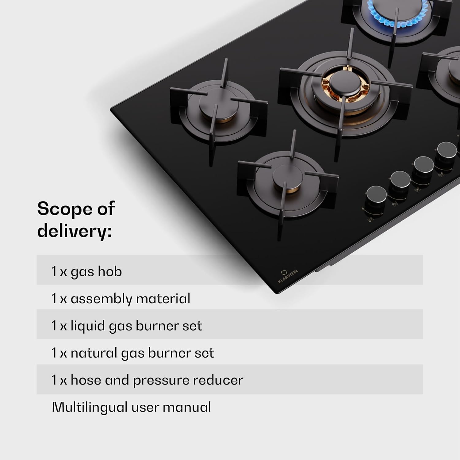 Klarstein Gasherd, Gaskochfeld 5 Flammen, Einbau-Gaskocher für Zuhause & Wohnmobil, Campingkocher mit Glasplatte, Gasherd für Propan- und Erdgas, Edelstahl Gas-Herdplatte Wok Brenner 10400 Watt
