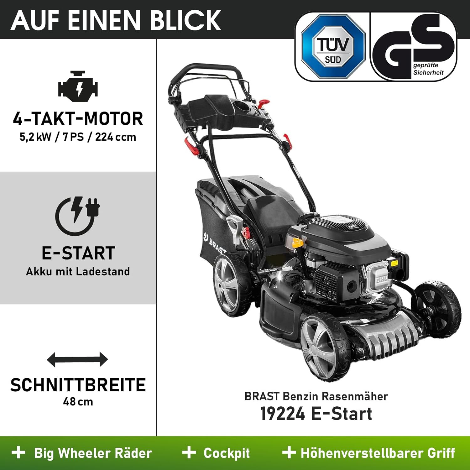 BRAST Benzin Rasenmäher mit Antrieb | 5,2kW(7PS) | Elektrostart | 48cm Schnittbreite | viele Modelle | TÜV | 4 Takt OHV Motor | 30-80mm Schnitthöhe | 60L Fangkorb | Stahlgehäuse | 19224 ESTART Speed