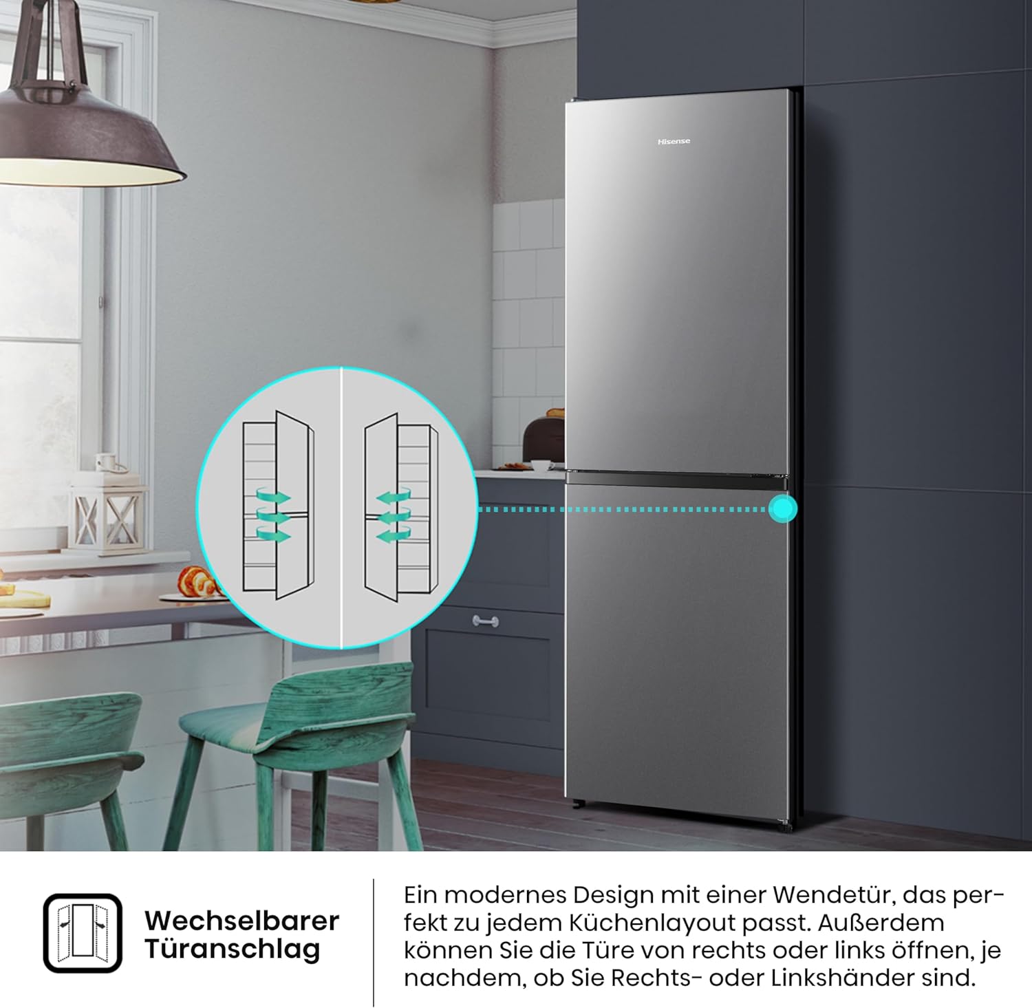 Hisense RB327N4ADD Fridge-Freezer Combination, EEK D, Total NoFrost, Interchangeable Door Hinge, Bottle Grid, 171 Litre Fridge Compartment, 85 Litre Freezer Compartment, Stainless Steel Look