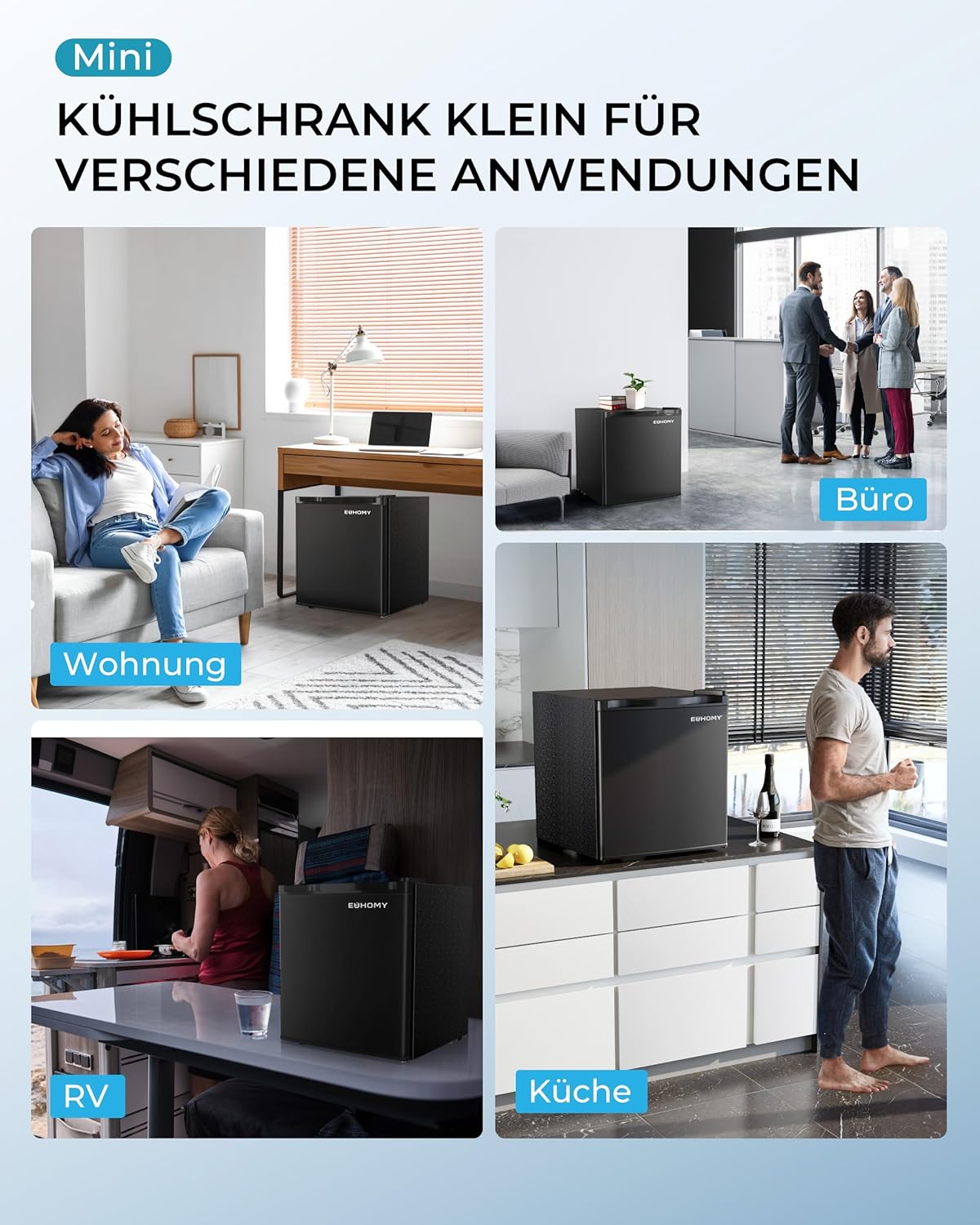 EUHOMY 46L Mini-Kühlschrank mit Umkehrbarer Tür, 7-Stufen Thermostat + Kühlbox, 39dB Ultra-Leise Kühlschrank klein für Schlafzimmer/Büro, Energieeffizient, Kompakt (Schwarz)