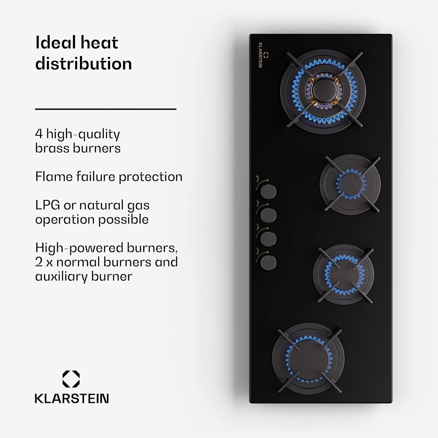 Klarstein Gasherd, Gaskochfeld 5 Flammen, Einbau-Gaskocher für Zuhause & Wohnmobil, Campingkocher mit Glasplatte, Gasherd für Propan- und Erdgas, Edelstahl Gas-Herdplatte Wok Brenner 10400 Watt