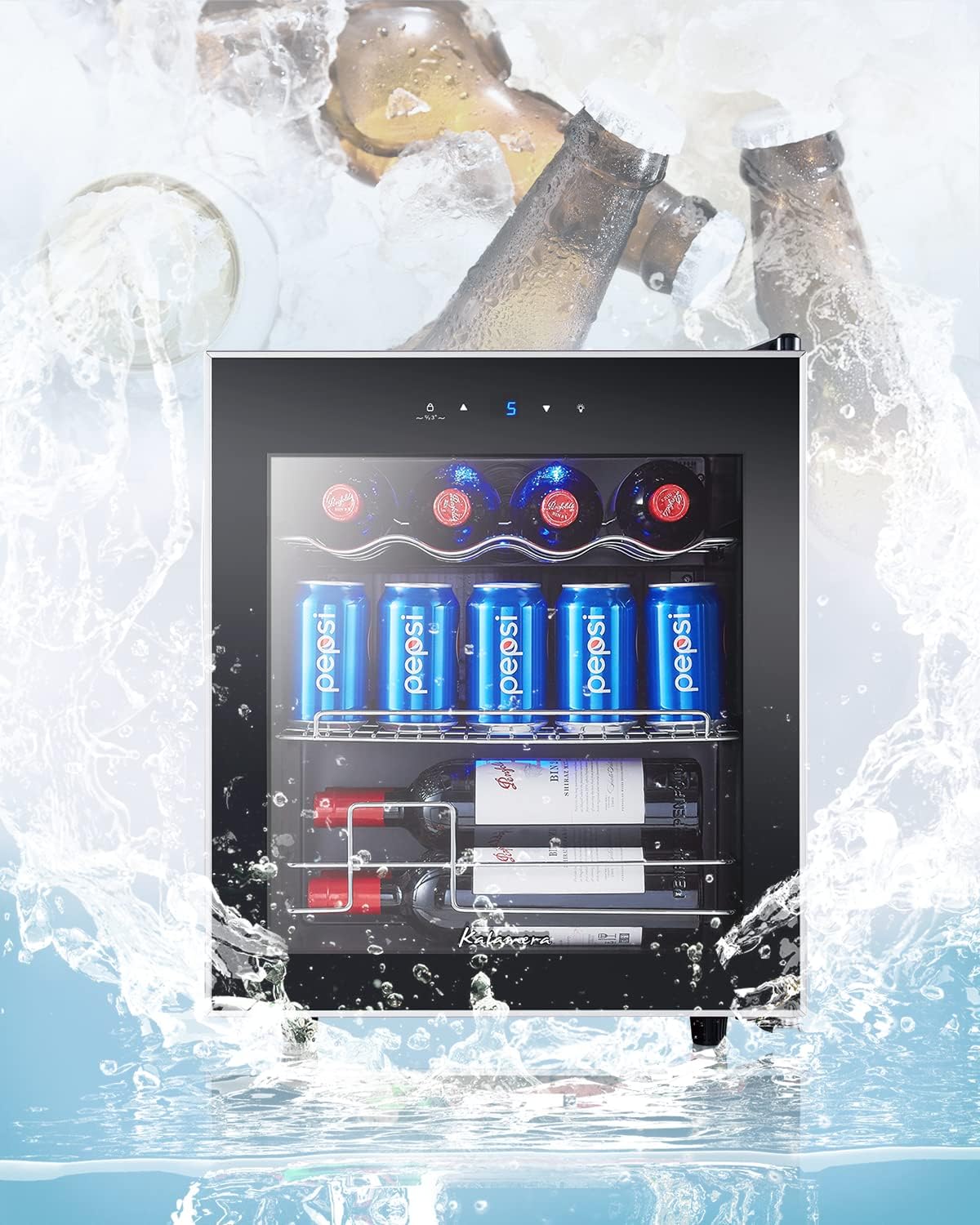 Kalamera Getränkekühlschrank, Bierkühlschrank mit Touch-Bedienfeld, 3-18°C Kühlzone, Flaschenkühlschrank 86 Liter, Blaue LED-Innenbeleuchtung, 41 dB, KRC-86GE
