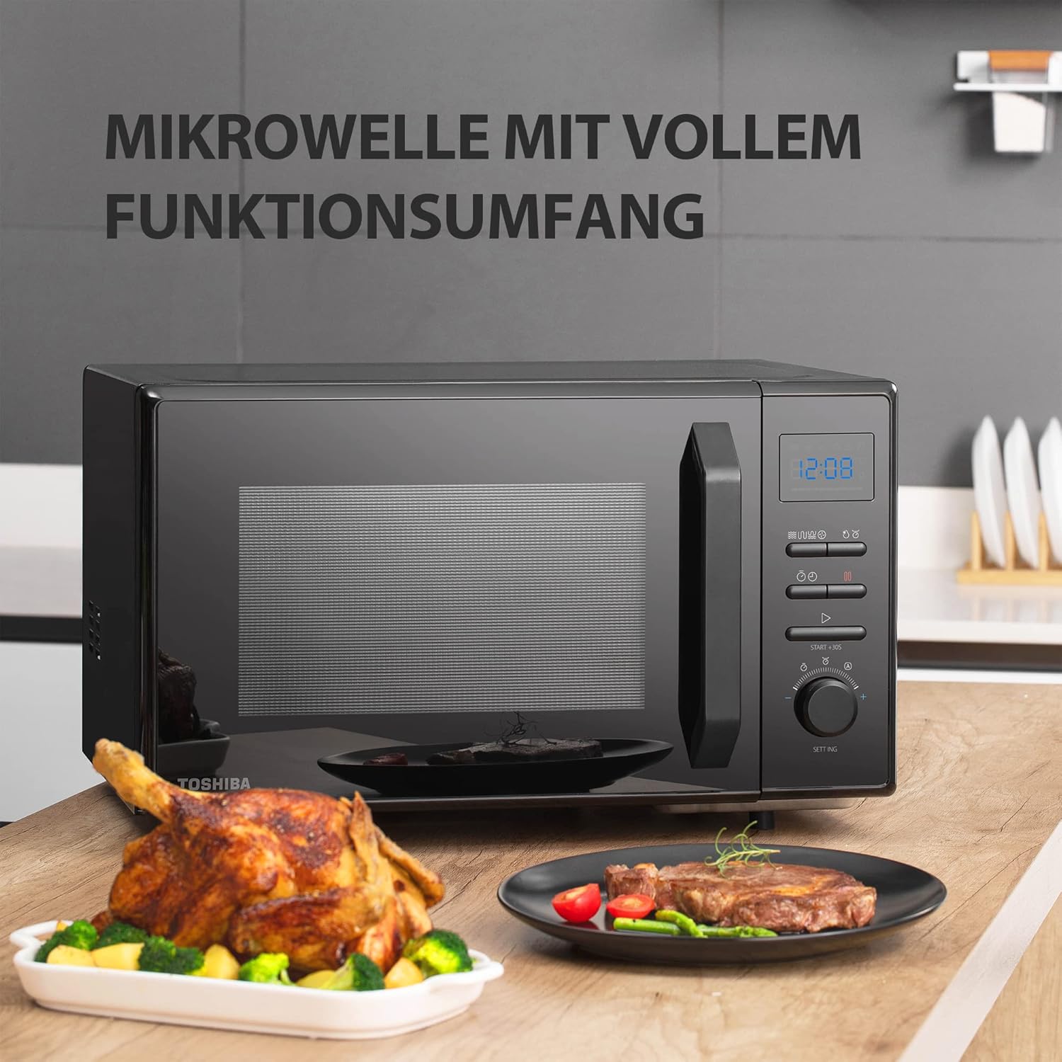 Toshiba Freistehend MW2-AC25TF(BK) 4-in-1 Mikrowelle mit Heißluft & Grill & Kombi Funktion / 25L / 900W / 1100W Grill / 2100W Heißluft/Emaille Innenraum/Drehteller mit Positionsspeicher/Schwarz