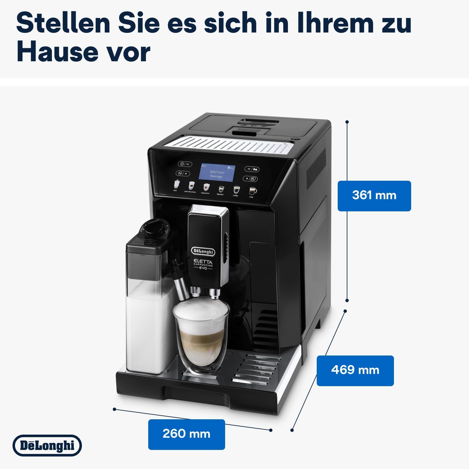 De'Longhi Eletta Evo ECAM 46.860.B Kaffeevollautomat mit LatteCrema Milchsystem, Cappuccino und Espresso auf Knopfdruck, LCD Display und Sensor-Touch-Tasten, schwarz