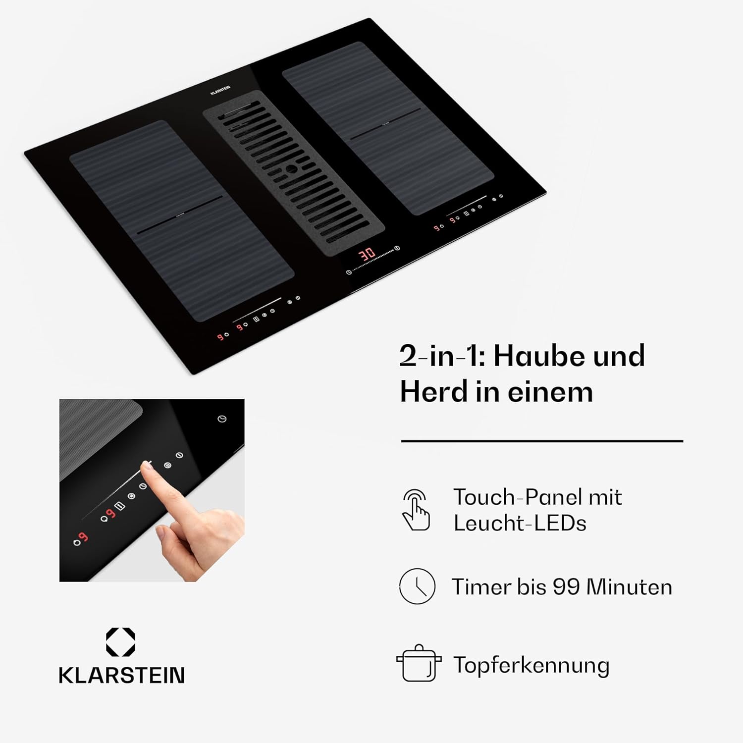 Klarstein 2-in-1 Induktionskochfeld mit Dunstabzug, Induktionskochfeld mit Abluft & Ventilator, 4-Zonen-Kochfeld, Glaskeramik-Einbauherd, Kochfeld mit Dunstabzug, Energieklasse A, 654m³/h Luftstrom