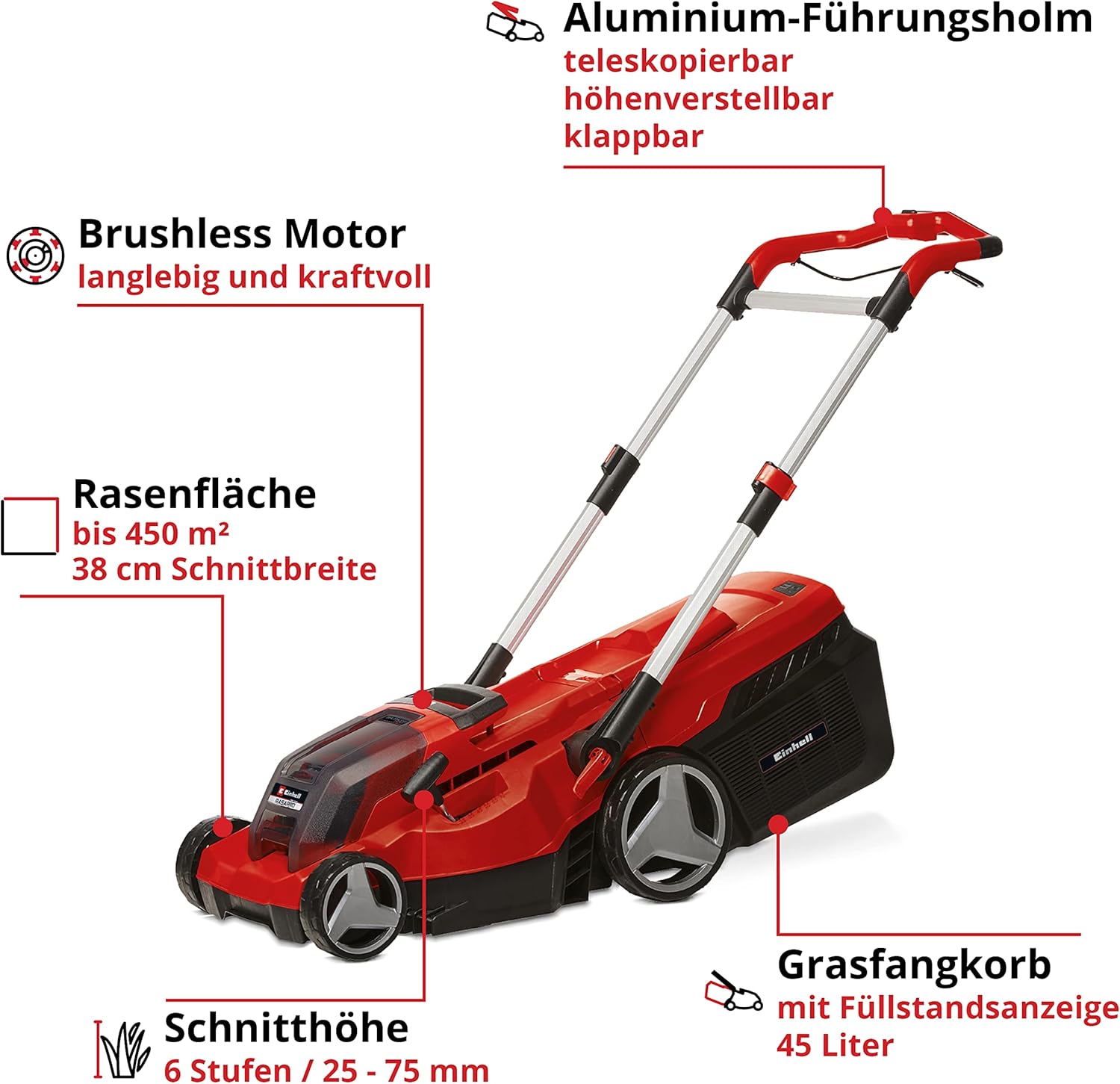 Einhell Akku-Rasenmher RASARRO 36/38 Kit Power X-Change (36 V, 38 cm Schnittbreite, 450 m, Brushless, Mulchfunktion, 45L Fangkorb, inkl. 2x 4,0 Ah Akkus + Twincharger)