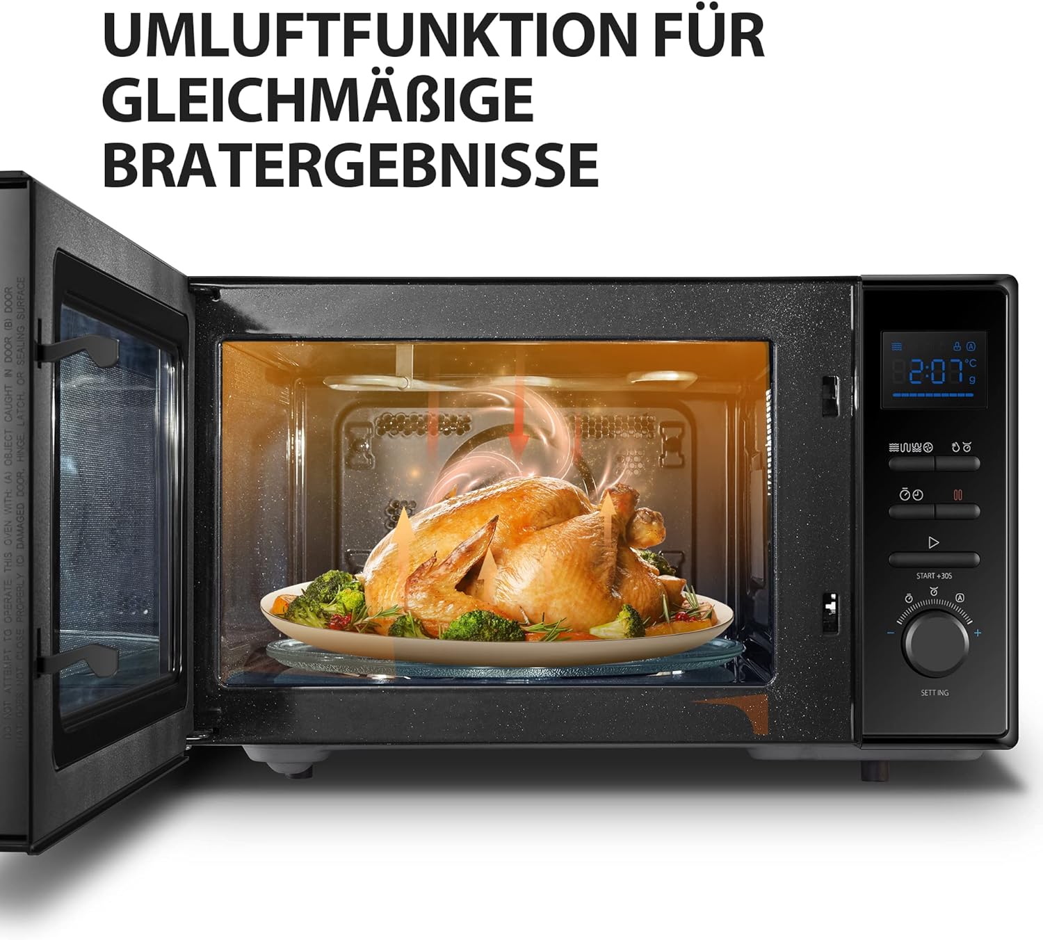 Toshiba Freistehend MW2-AC25TF(BK) 4-in-1 Mikrowelle mit Heißluft & Grill & Kombi Funktion / 25L / 900W / 1100W Grill / 2100W Heißluft/Emaille Innenraum/Drehteller mit Positionsspeicher/Schwarz