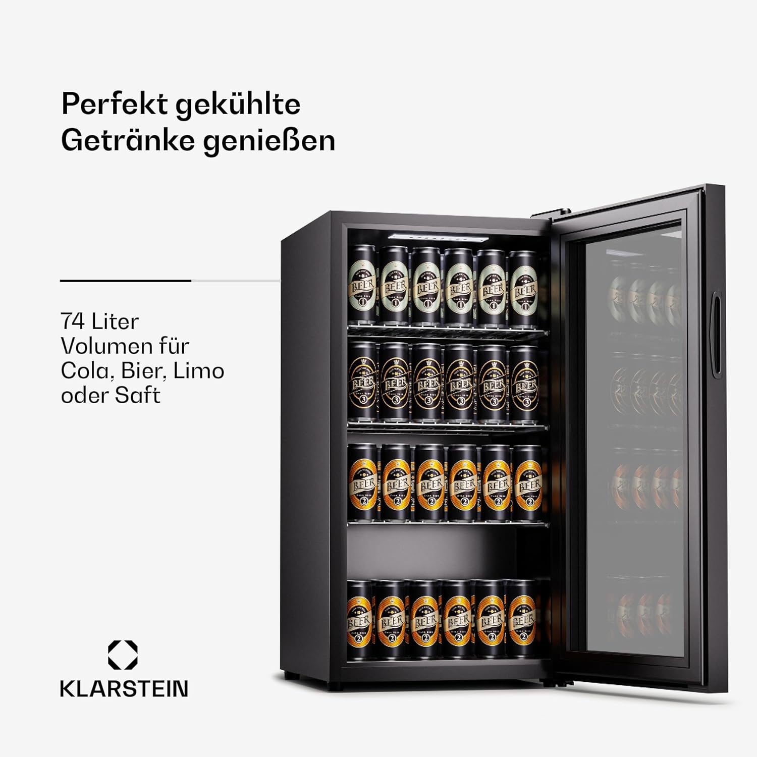 Klarstein Mini Kühlschrank mit Glastür für Zimmer, Getrnkekühlschrank mit Verstellbaren Ablagen, Kleiner 80 Liter, Indoor/Outdoor Kühlschrank Leise