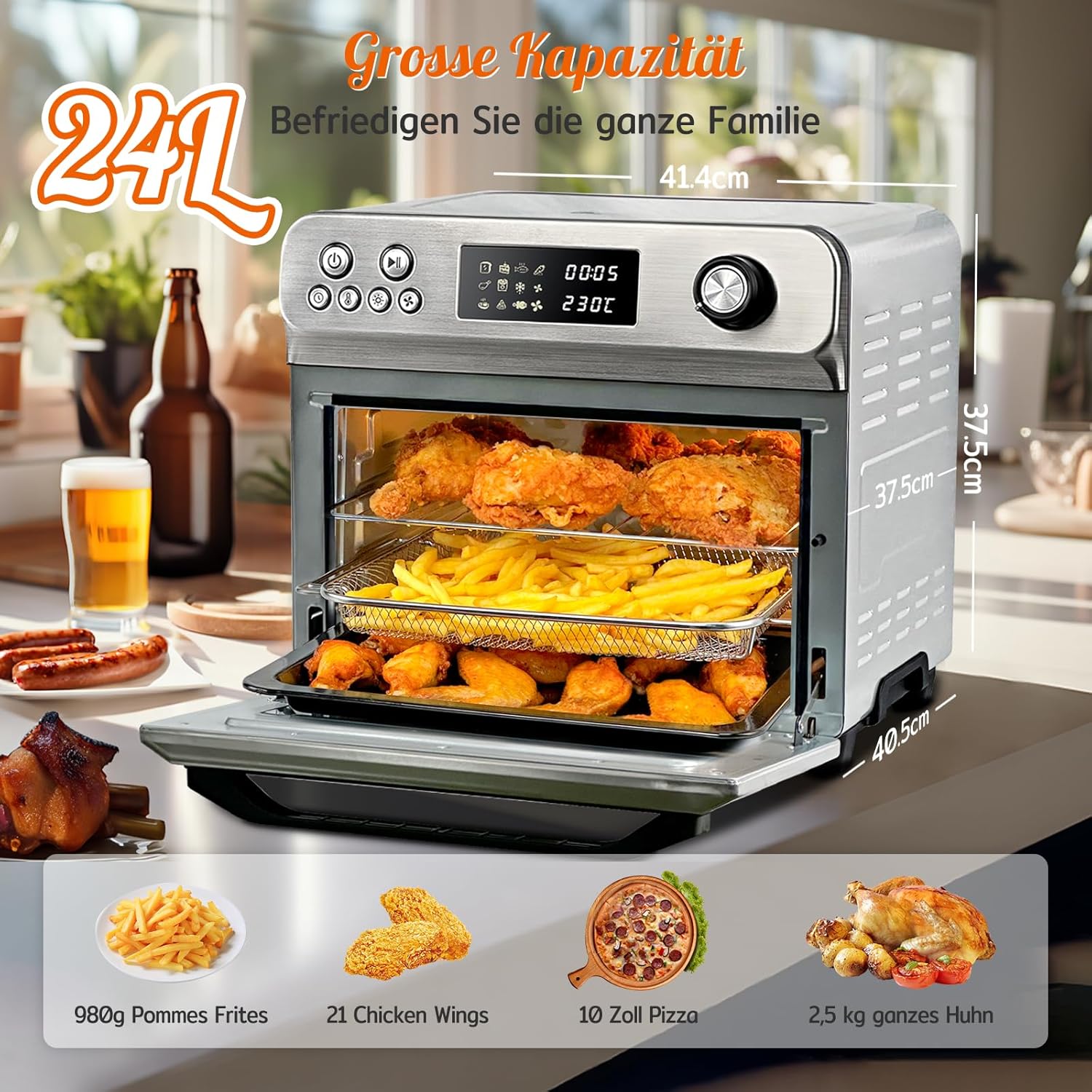 HYSapientia® 24L Heißluftfritteuse xxl，minibackofen mit umluft 1800W,mini backofen camping grill umluft mit kochplatten,heißluftofen 10 Programme,pizzaofen,Airfryer xxl